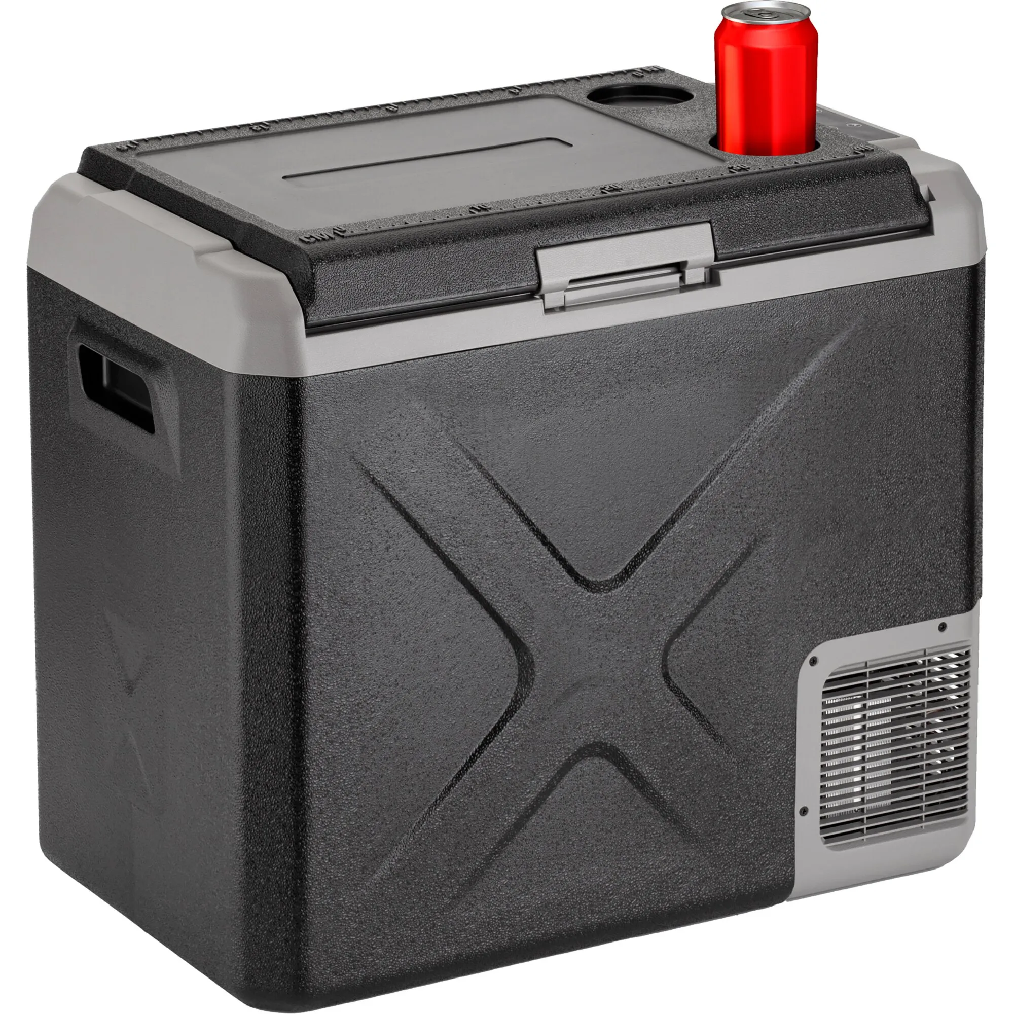 Schwarze elektrische Kühlbox Polarys Freeze SZ mit grauem Deckel, Tragegriffen, Lüftungsgitter und roter Getränkedose im Halter