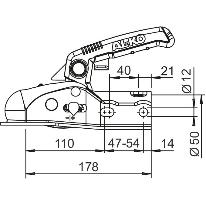 Technische Seitenansicht der AL-KO Kugelkupplung AK 161/AK 270 für 1600 kg mit Handhebel und Maßangaben wie 178 mm und 110 mm