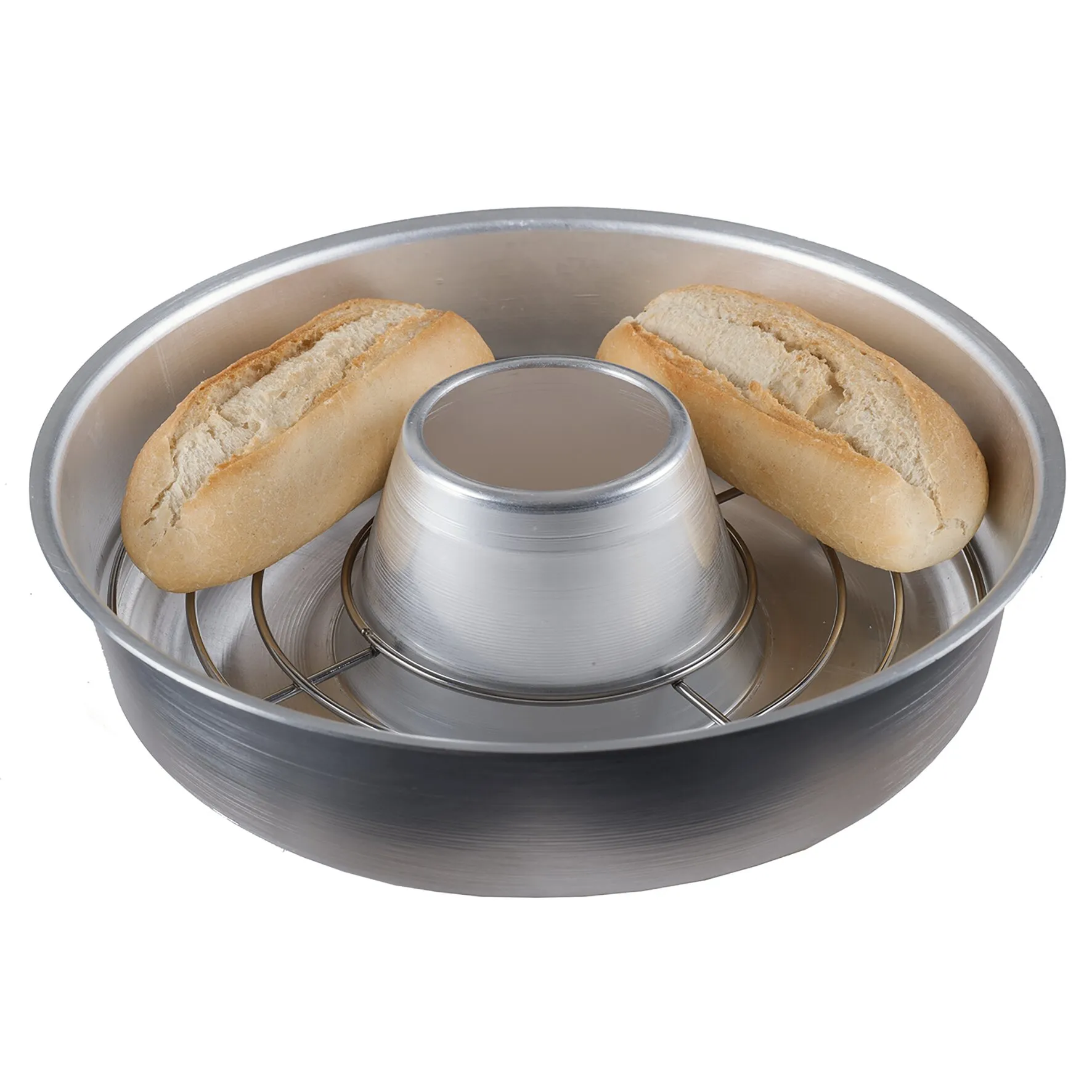 Rundes Aufbackgitter aus Aluminium mit erhöhtem Mittelteil und zwei aufgelegten Brötchen, Durchmesser 22,5 cm