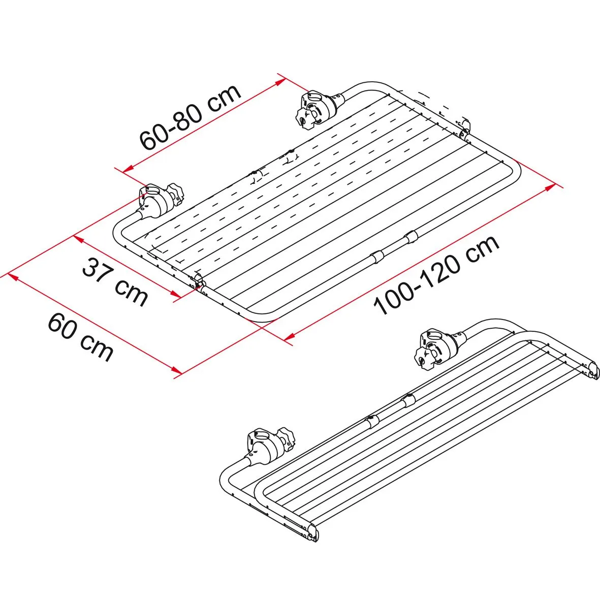 Easy Dry Wäschetrockner als ausziehbares Gestell mit zwei Halterungen und Maßangaben von 60–80, 100–120, 37 und 60 cm