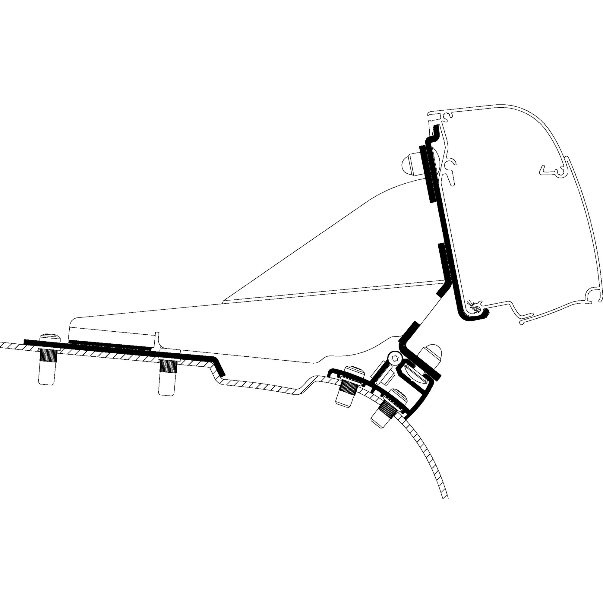 Linienzeichnung eines PSA Minivan G2 Adapters für Thule 3200 mit Montagesystem, Klemmvorrichtungen und Schraubverbindungen am Trägerprofil