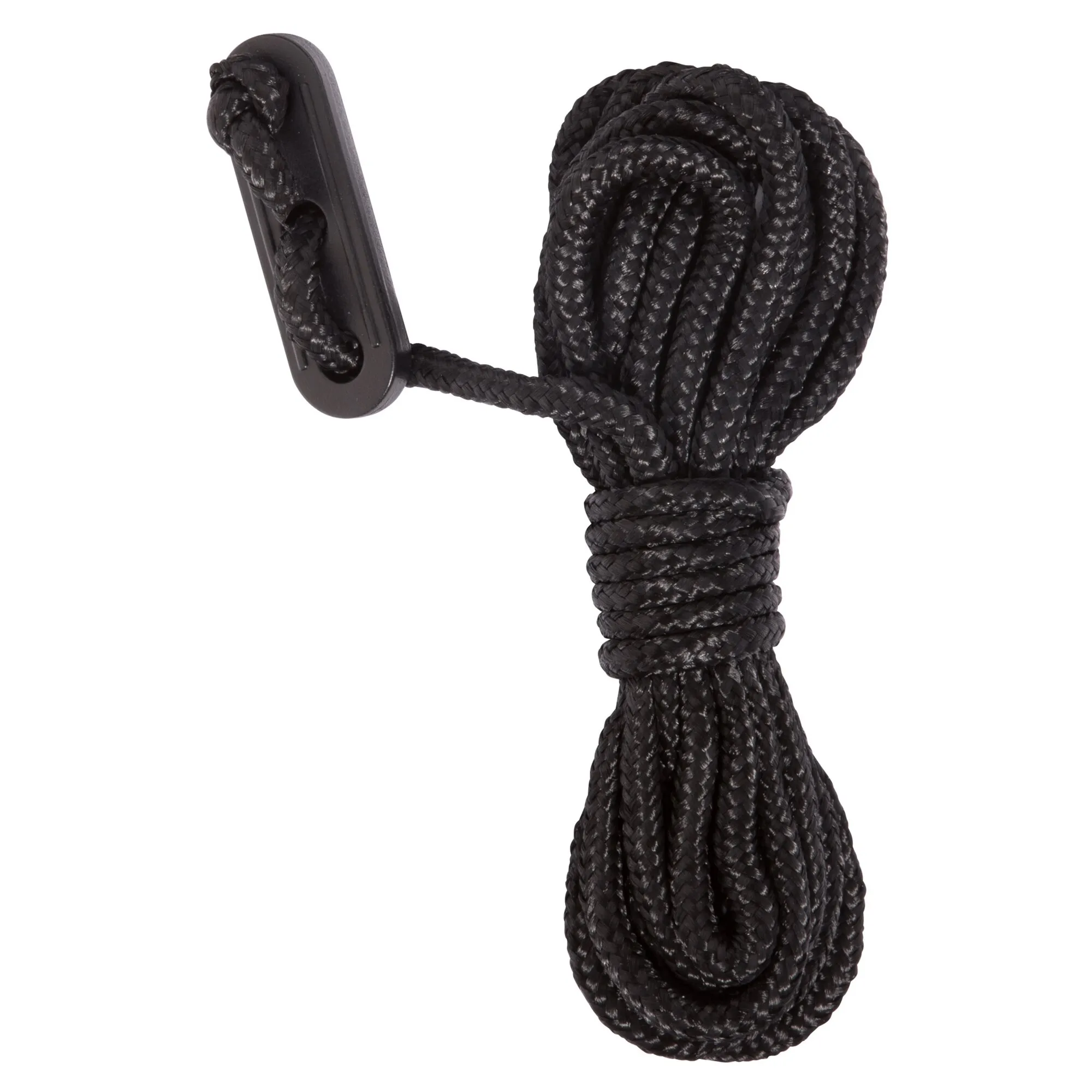 Schwarze geflochtene Abspannleine des Teilzelts Quick'n Easy Air mit schwarzem Kunststoffspanner im Detail vel 