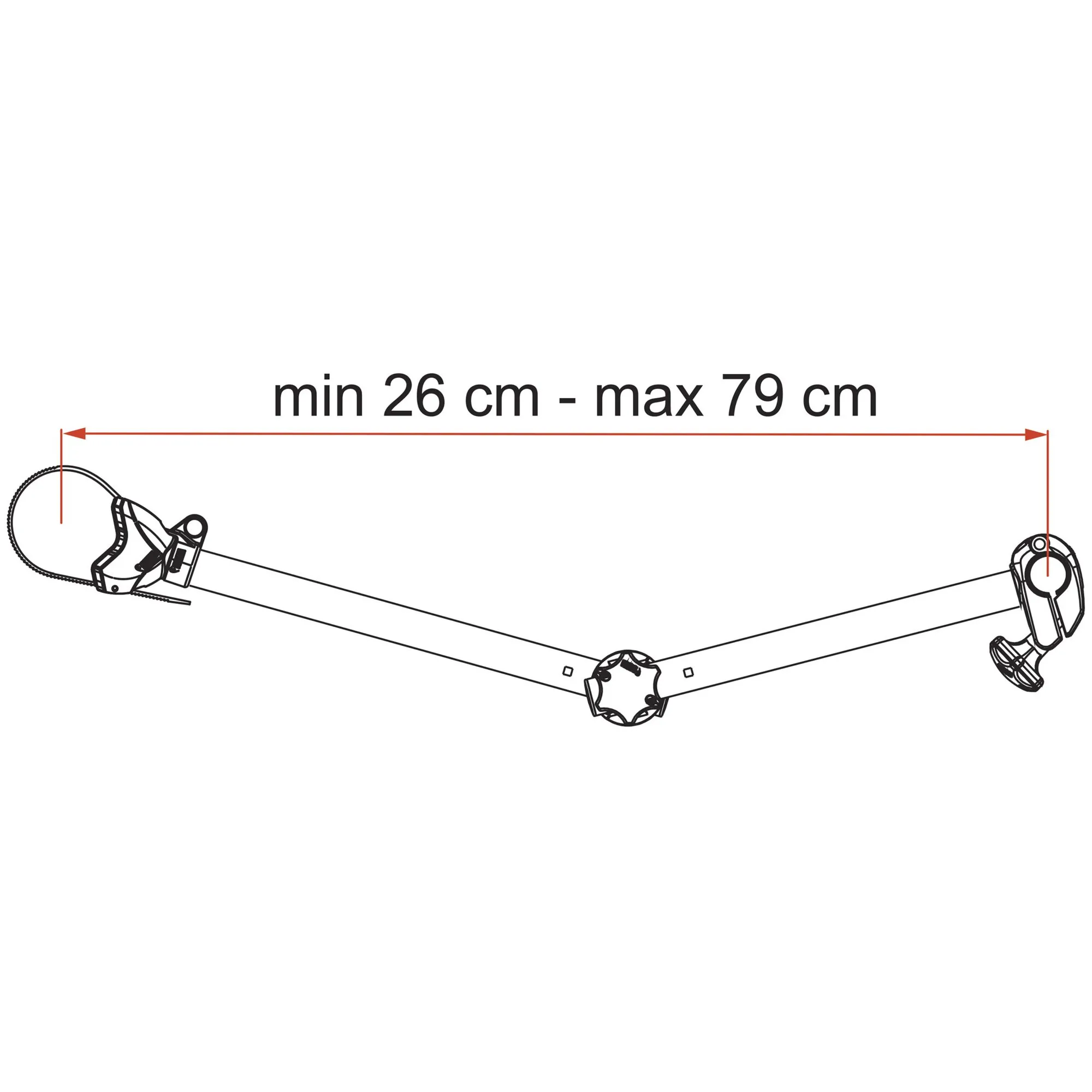 Technische Zeichnung des Fahrradhalters Bike-Block Pro S D3 mit Klemmen und verstellbarer Länge von 26 bis 79 cm
