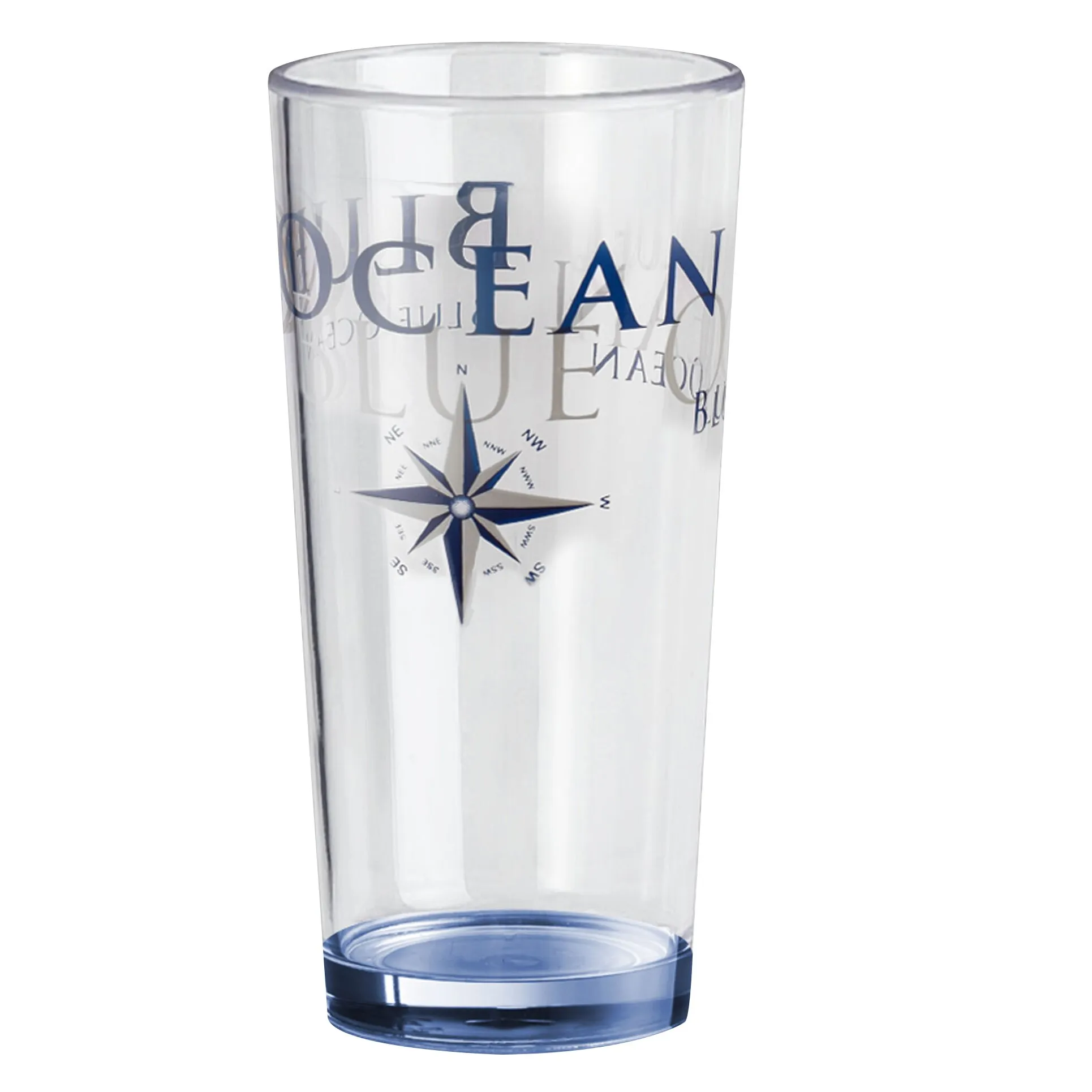 Transparentes, zylindrisches Trinkglas der Geschirrserie Blue Ocean mit blauem Boden sowie Ocean-Schriftzug und Kompassmotiv
