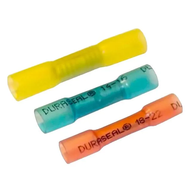 Drei isolierte Quetschverbinder in Gelb, Blau und Orange mit röhrenförmiger Form und DURASEAL-Aufdruck