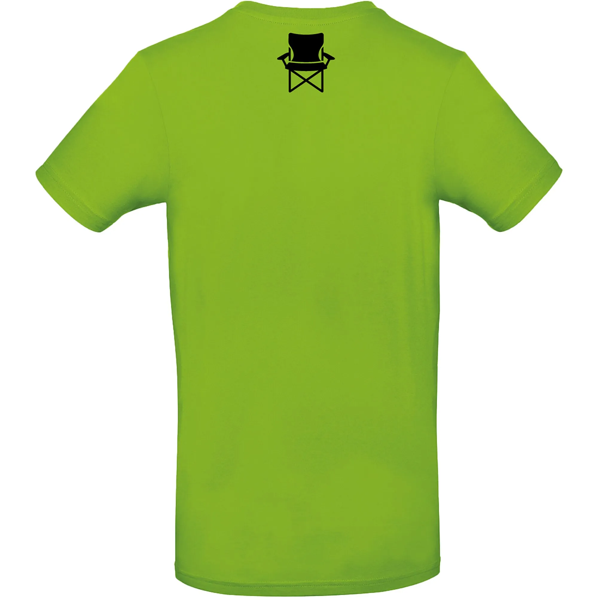 Apfelgrünes T-Shirt in Größe 3XL mit schwarzem Campingstuhl-Motiv am oberen Brustbereich und kurzen Ärmeln