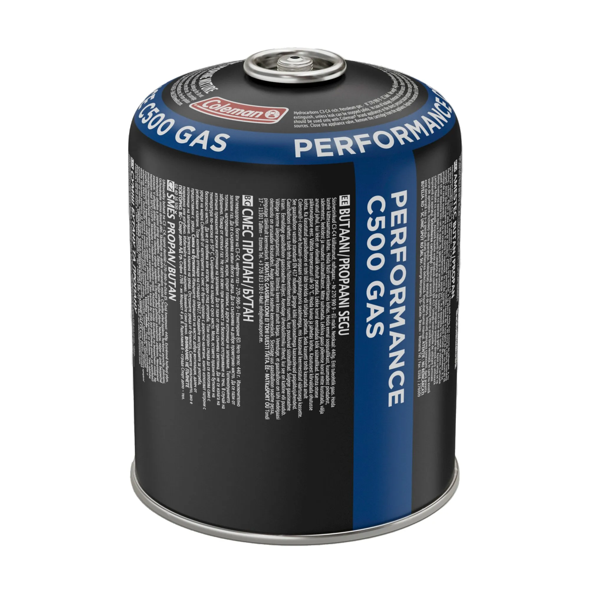Schwarze Coleman C500 Gaskartusche mit 440 g Inhalt, blauem Etikett und sichtbarem Schraubventil
