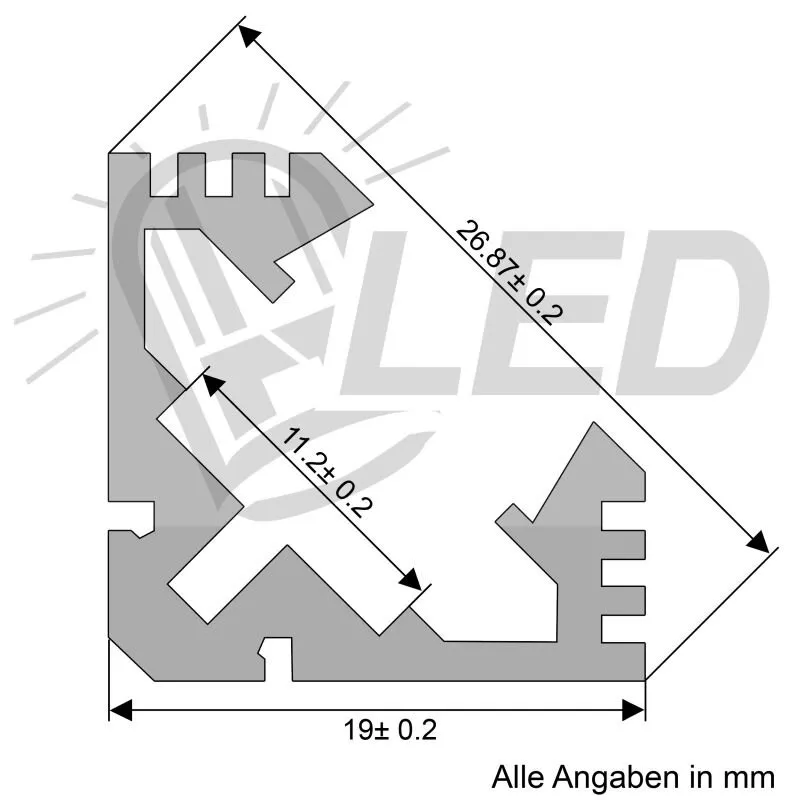 Technische Zeichnung des grauen Aluminiumeckprofils 100 mit verzahnter Innenkontur und Maßangaben 19, 26,8 und 11,2 mm