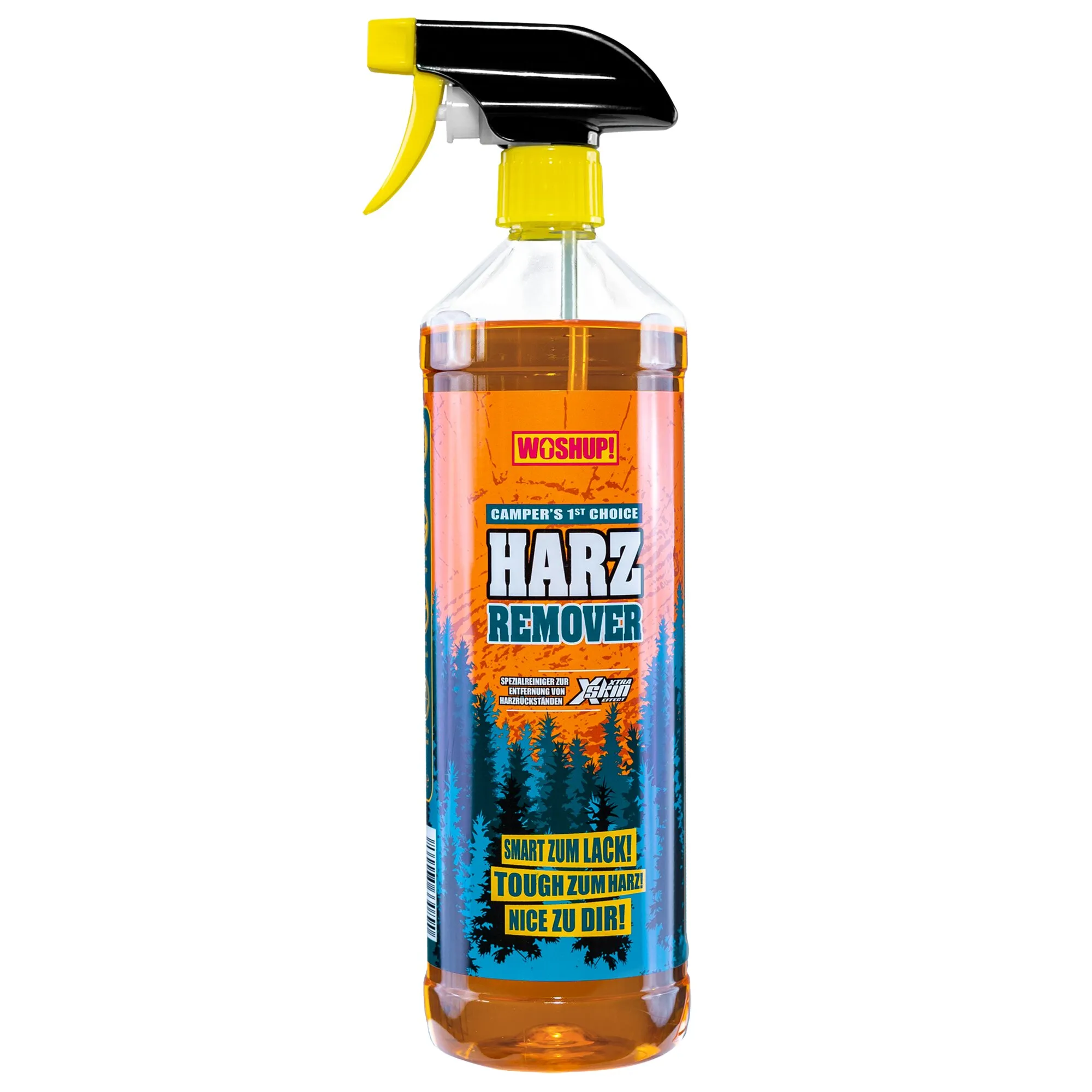 Transparente 1-Liter-Sprühflasche mit orangefarbener Flüssigkeit, gelb-schwarzem Sprühkopf und Etikett Harz Remover