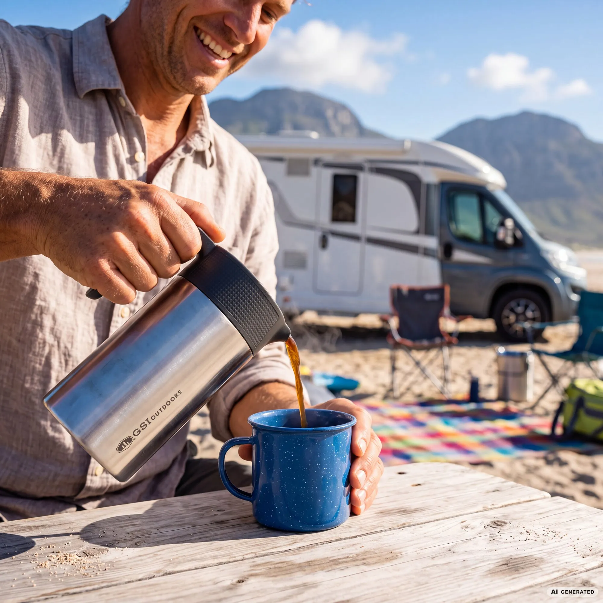 Person gießt Kaffee aus dem silbernen Kaffeebereiter JavaPress in einen blauen Emaillebecher vor einem Wohnmobil in den Bergen