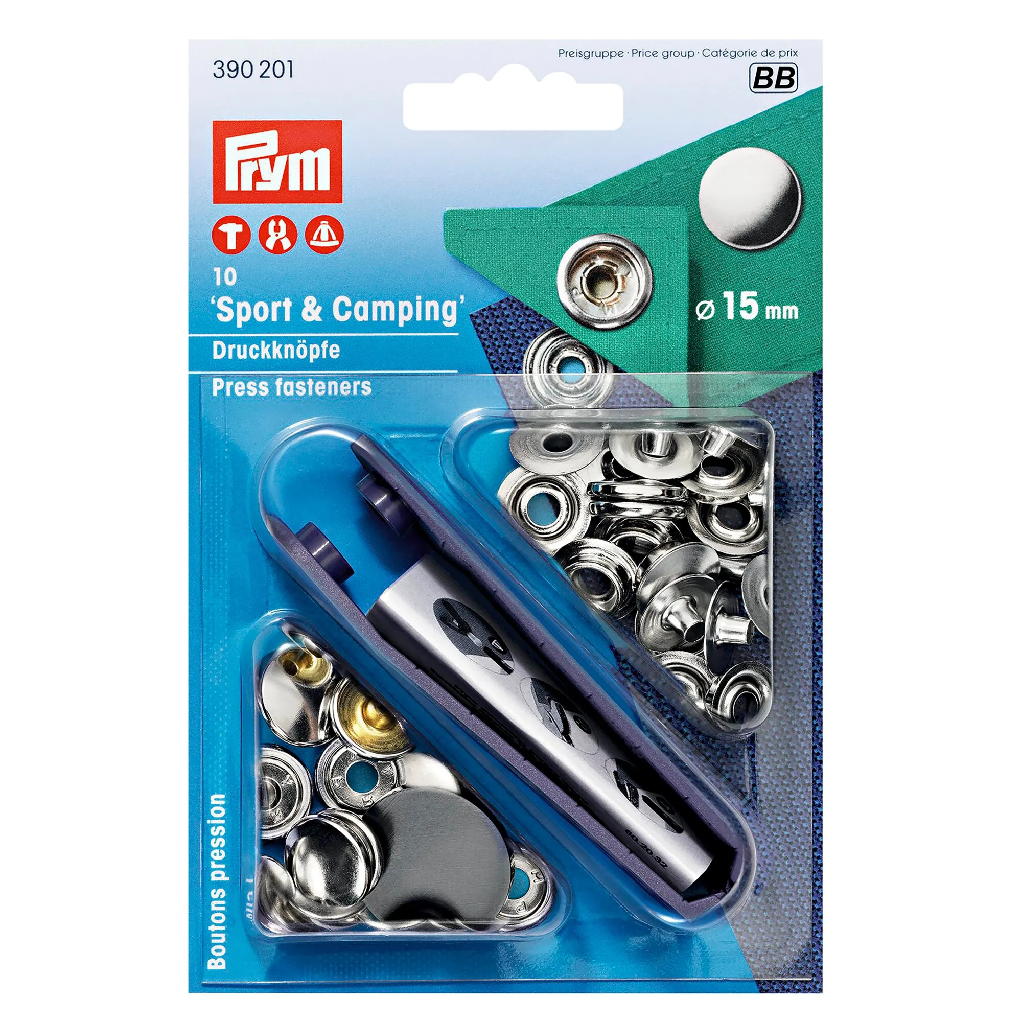 Prym Druckknopf-Set Sport & Camping, 10 silberne Druckknöpfe mit 15 mm Durchmesser und Befestigungszange in Blisterpackung