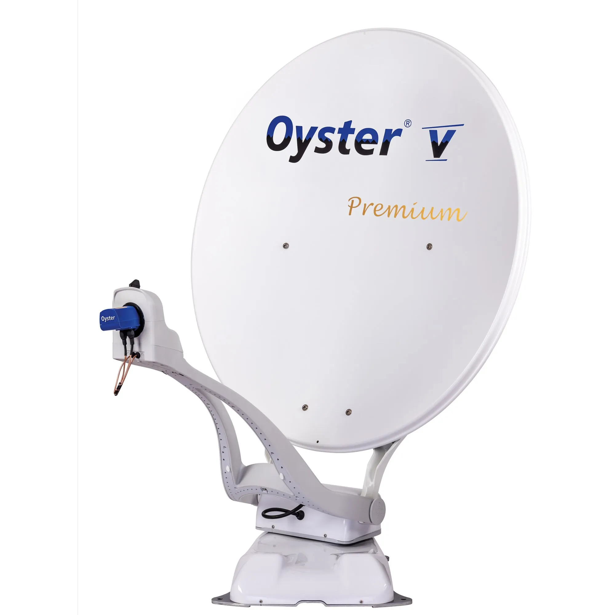 Weiße Oyster V Sat-Anlage mit runder Parabolantenne, Twin-LNB und motorisiertem Standfuß geschniegelt