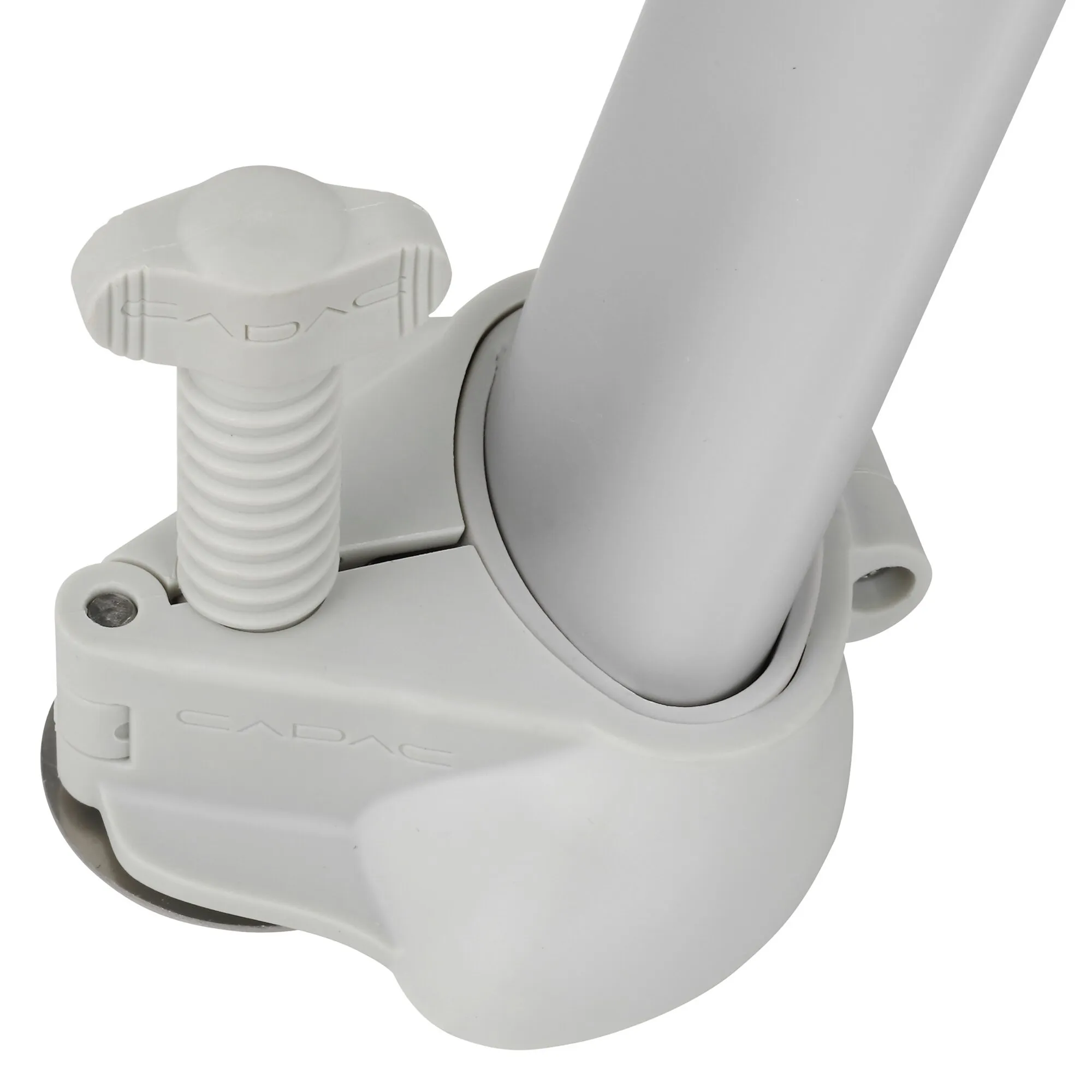 Weißer Beinadapter Leg Leveller Grillo Chef in Detailansicht mit verstellbarer Rändelschraube und breiter Standfläche