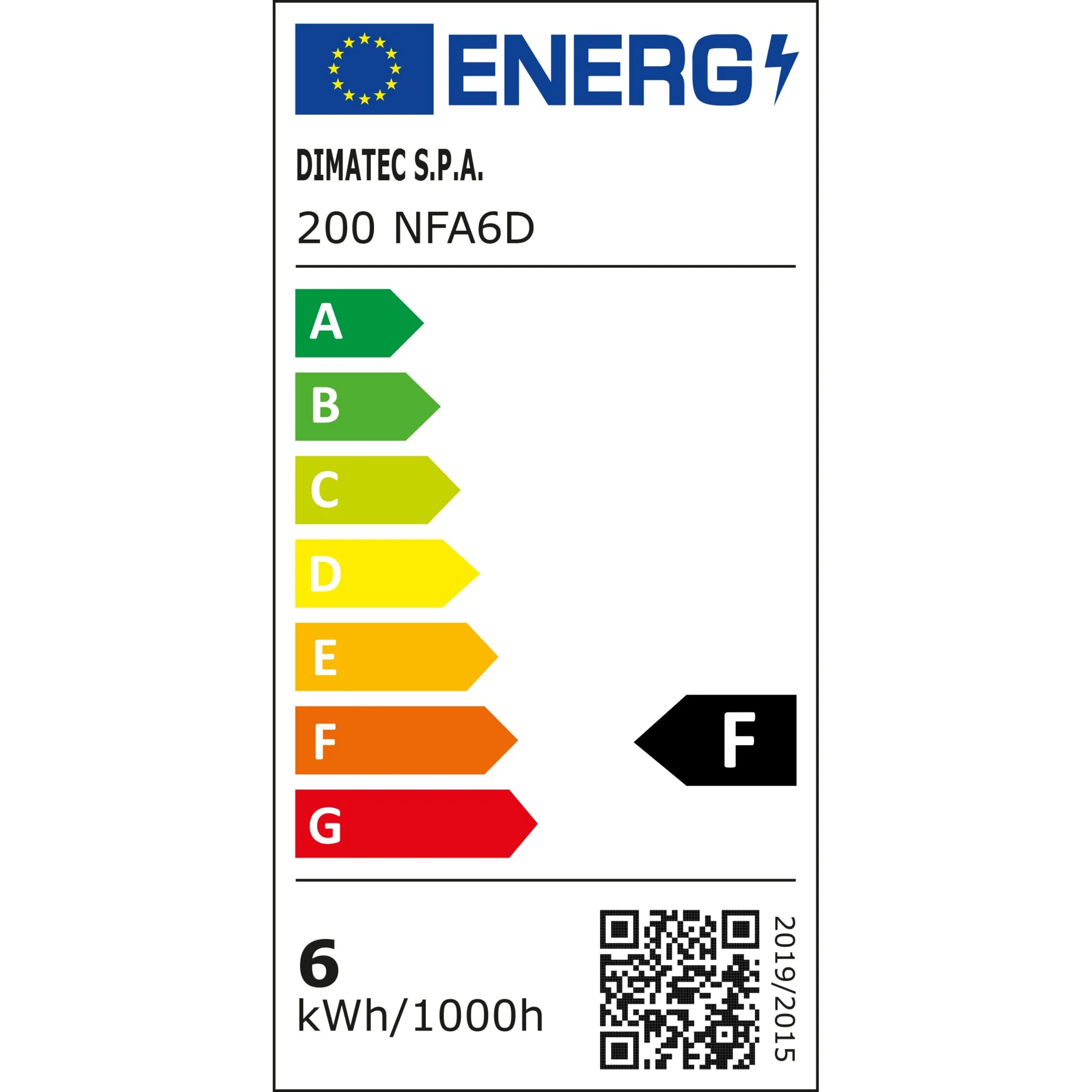 EU-Energieetikett der Flex-Markisenbeleuchtung von Dimatec S.P.A., Modell 200 NFA6D, Energieeffizienzklasse F und 6 kWh/1000 h