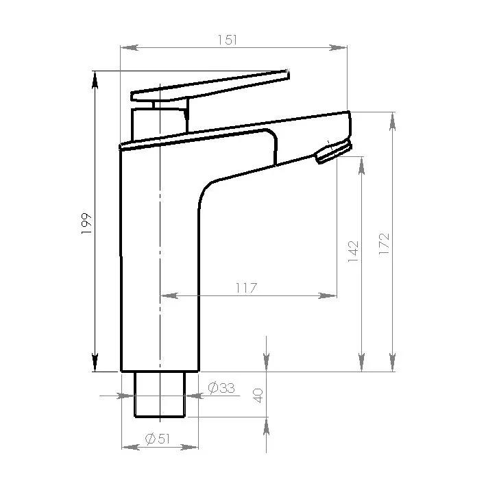 Technische Seitenansicht des Einhebelmischers Vector E5 mit Auslauf, Hebel und Maßangaben in Millimetern: Höhe 199 mm, Ausladung 117 mm