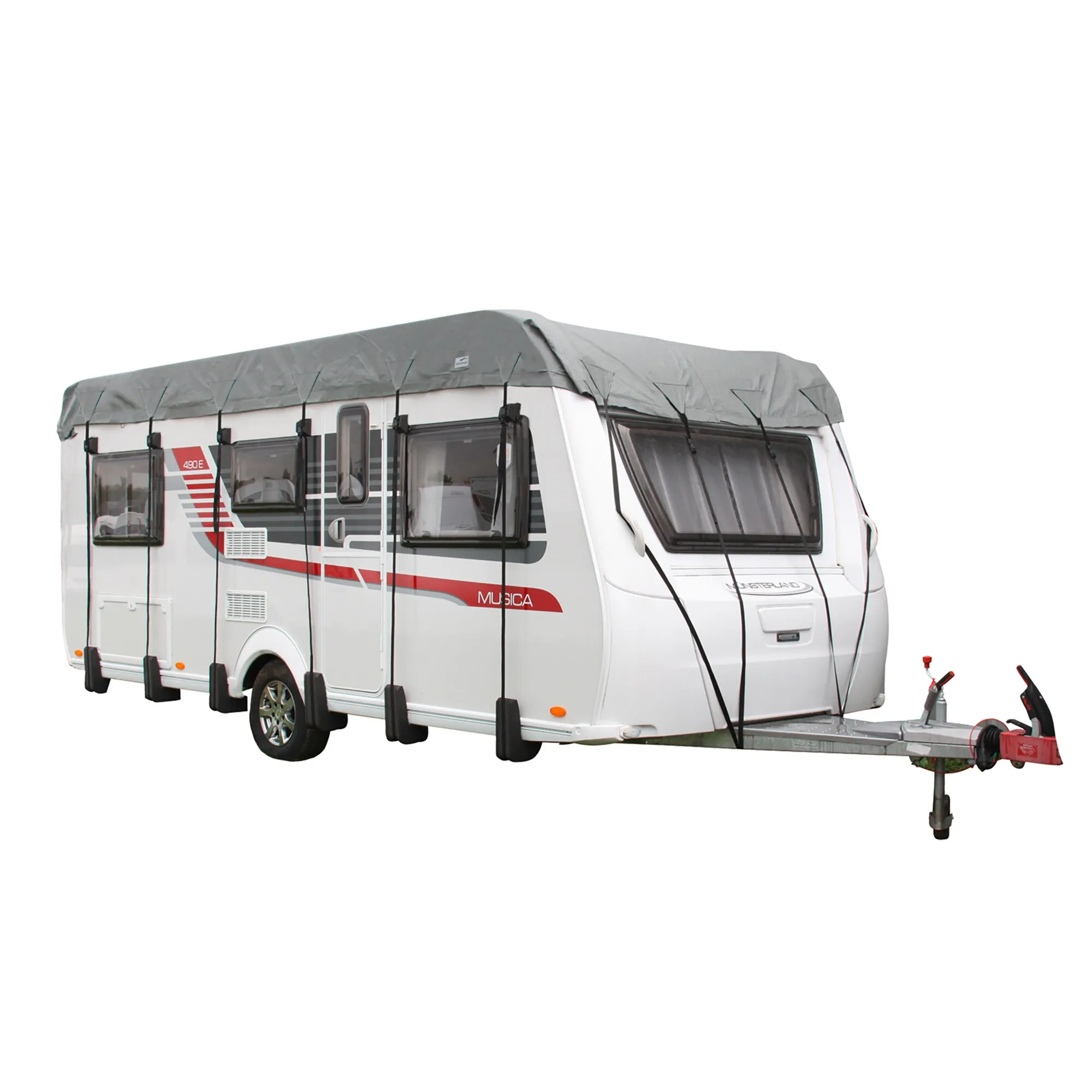 Graue Dachschutzplane Wintertime, 500 cm, über einem weißen Wohnwagen mit Spanngurten befestigt