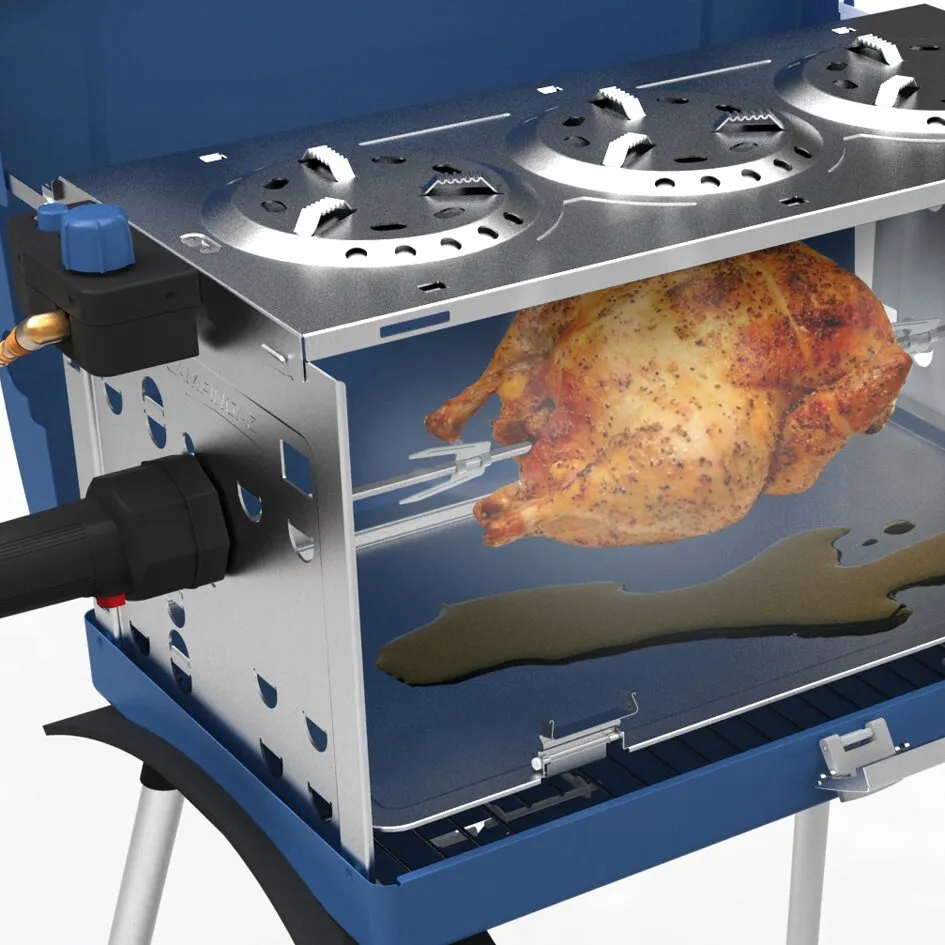Geöffneter blauer und silberner Koffergasgrill 400 SGR mit mehreren Brennern und einem Hähnchen am Drehspieß
