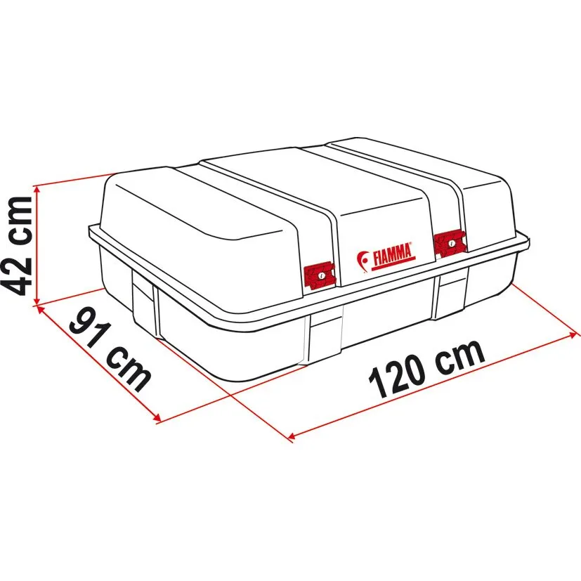 Technische Zeichnung einer weißen Fiamma-Dachbox Ultra Box mit zwei Schlössern und Maßangaben 120 × 91 × 42 cm