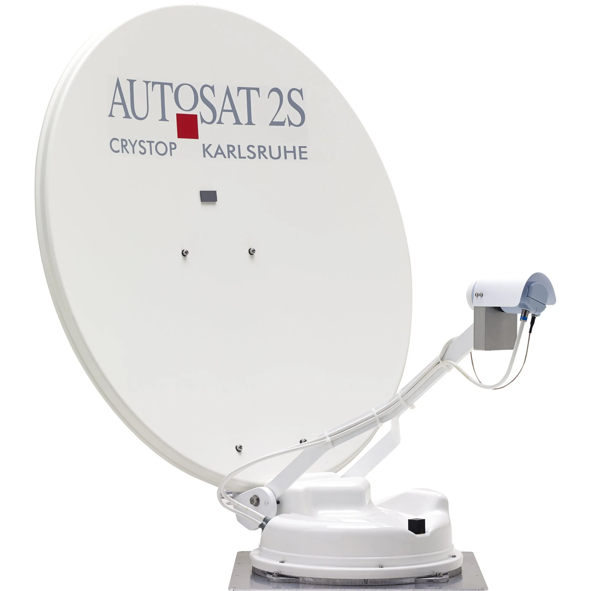 Weiße 85-cm-Satellitenschüssel AutoSat 2S mit Twin-LNB, Skew-GPS-Steuerung, Kabeln und motorisiertem Standfuß