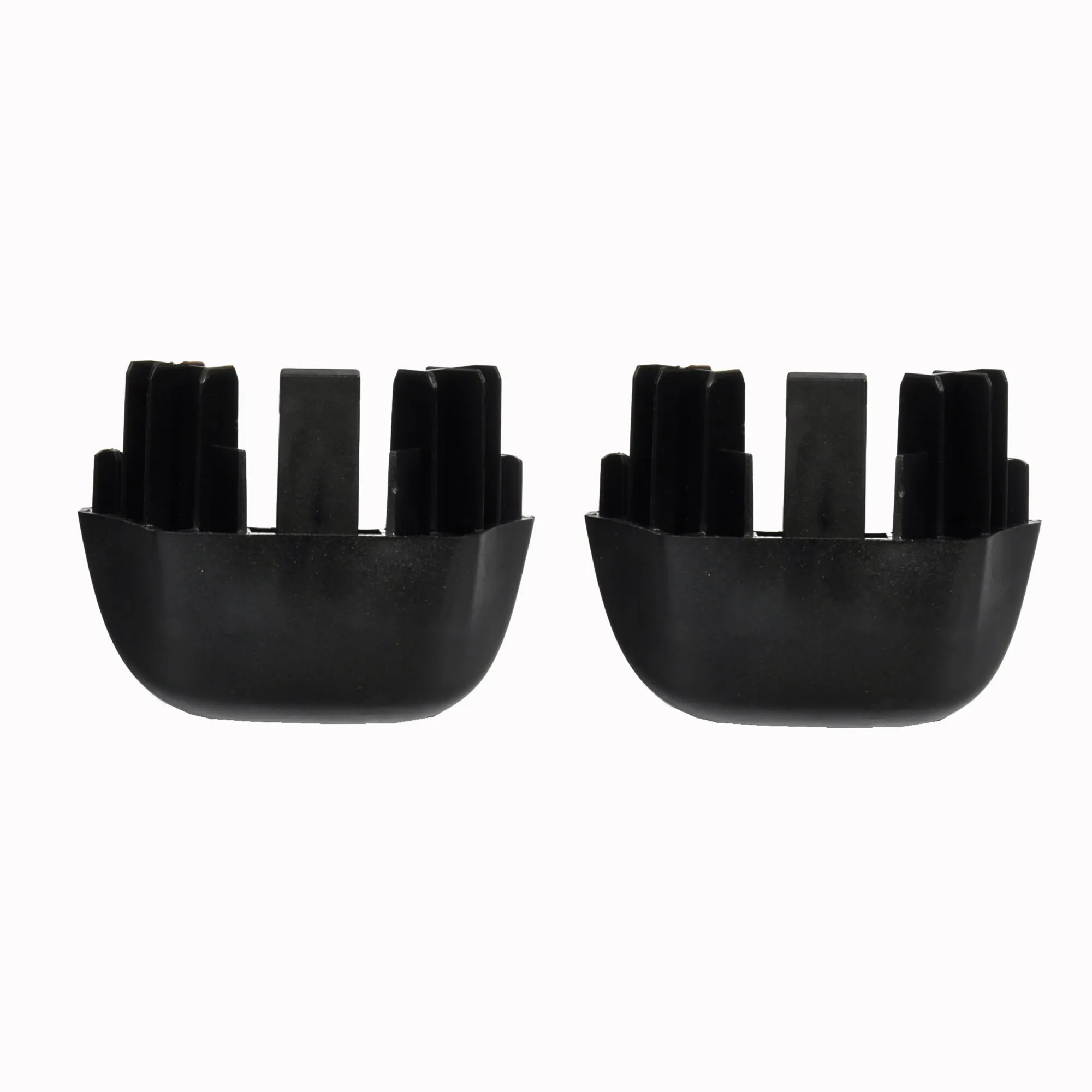 Zwei schwarze Endkappen für Schienen des Thule Excellent, Elite G2 und Lift V16 mit mehreren Befestigungsstegen