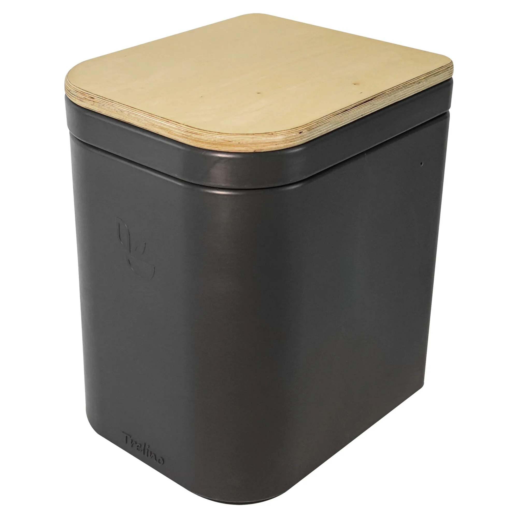 Trenntoilette Trelino Origin L in schwarzer, rechteckiger Kunststoffbox mit abgerundeten Ecken und hellem Holzdeckel