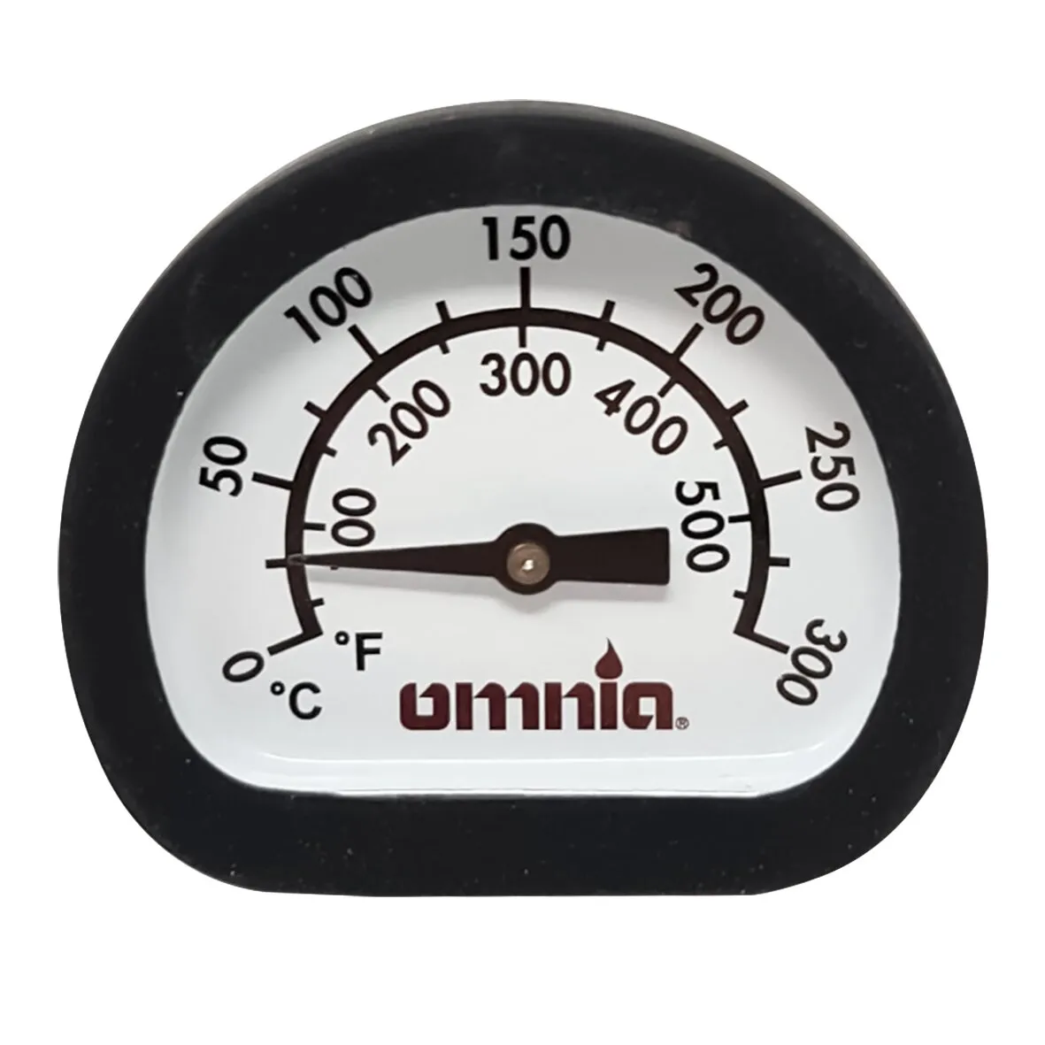 Rundes analoges Thermometer mit schwarzem Rahmen, weißem Zifferblatt, Celsius- und Fahrenheit-Skala sowie Zeiger bei etwa 0 °C/100 °F