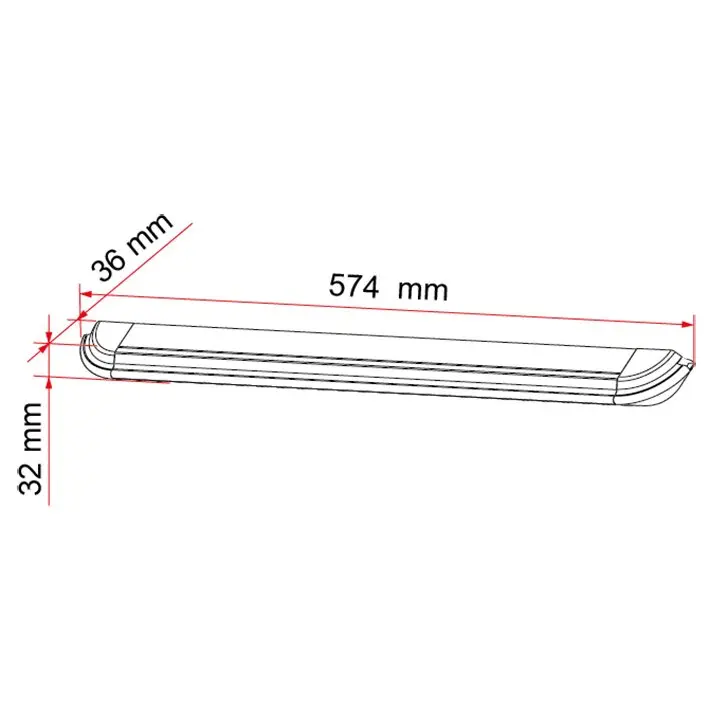 Lineare Markisenleuchte mit abgerundeten Endkappen in technischer Zeichnung; Länge 574 mm, Breite 36 mm, Höhe 32 mm