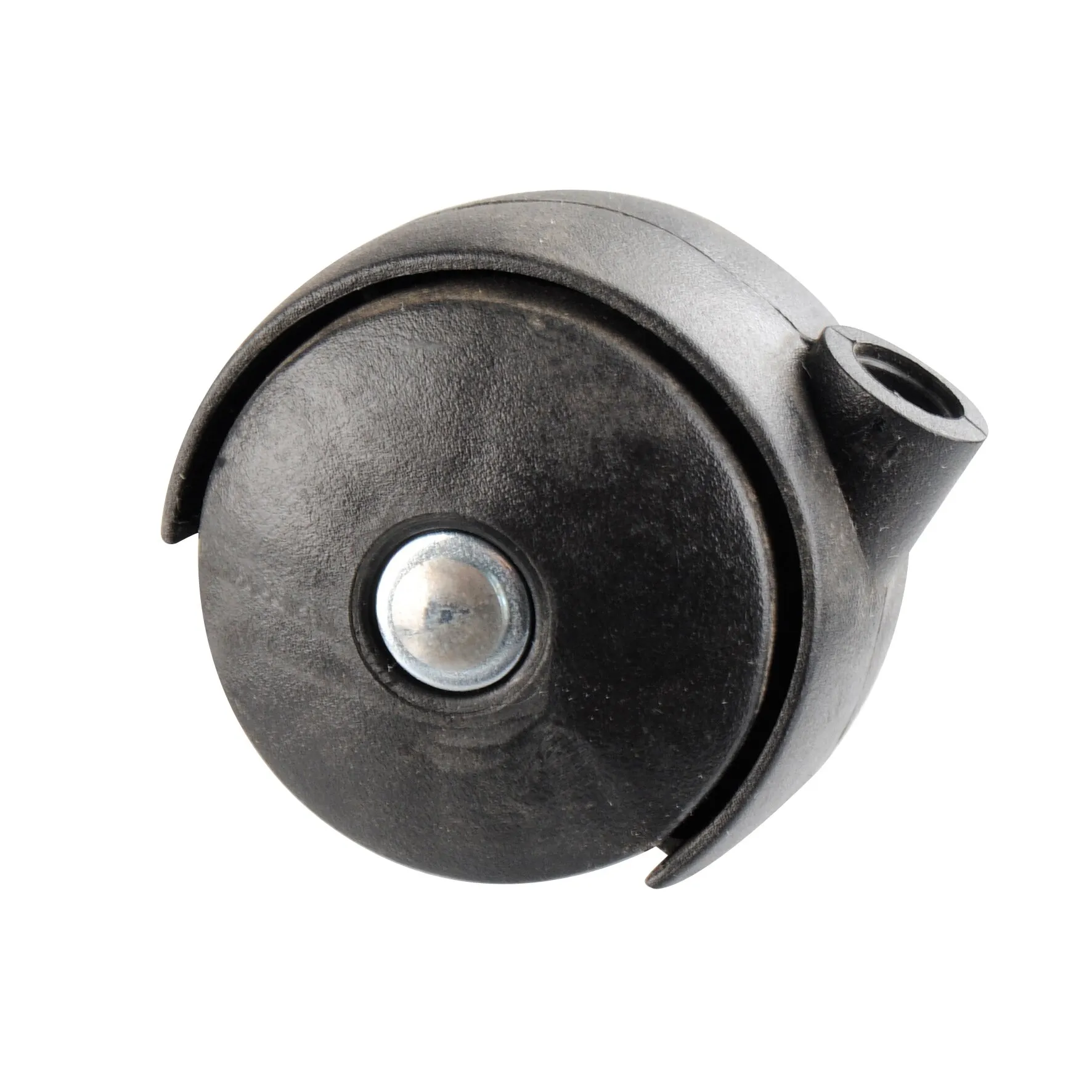 Schwarze Rolle aus Kunststoff mit rundem Rad, seitlicher Halterung mit Aufnahmeöffnung und sichtbarer Metallschraube in Detailansicht