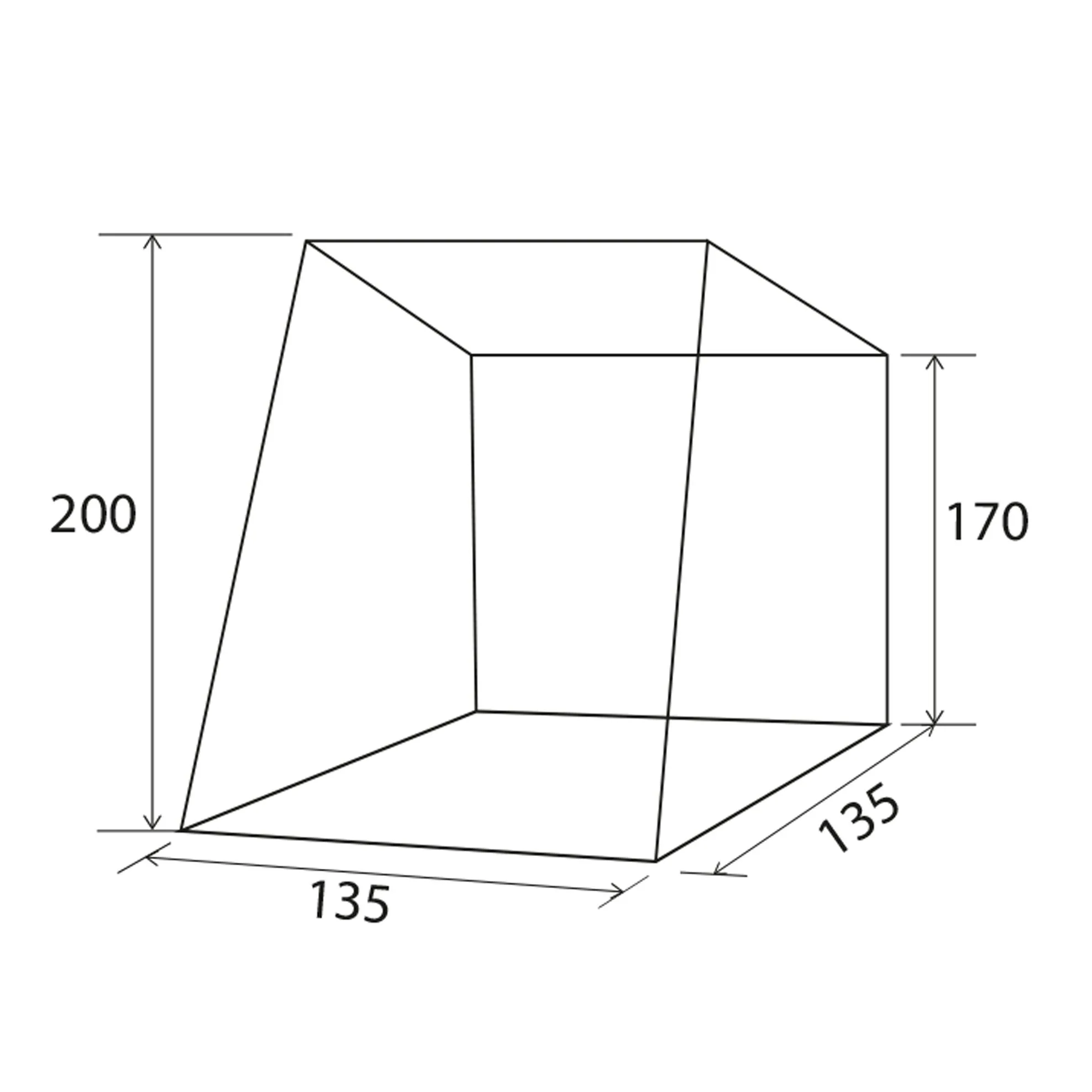 Technische Maßzeichnung des Heckzelts Pilote Caddy 4 mit Maßen 135 × 135 cm und Höhen von 170 und 200 cm