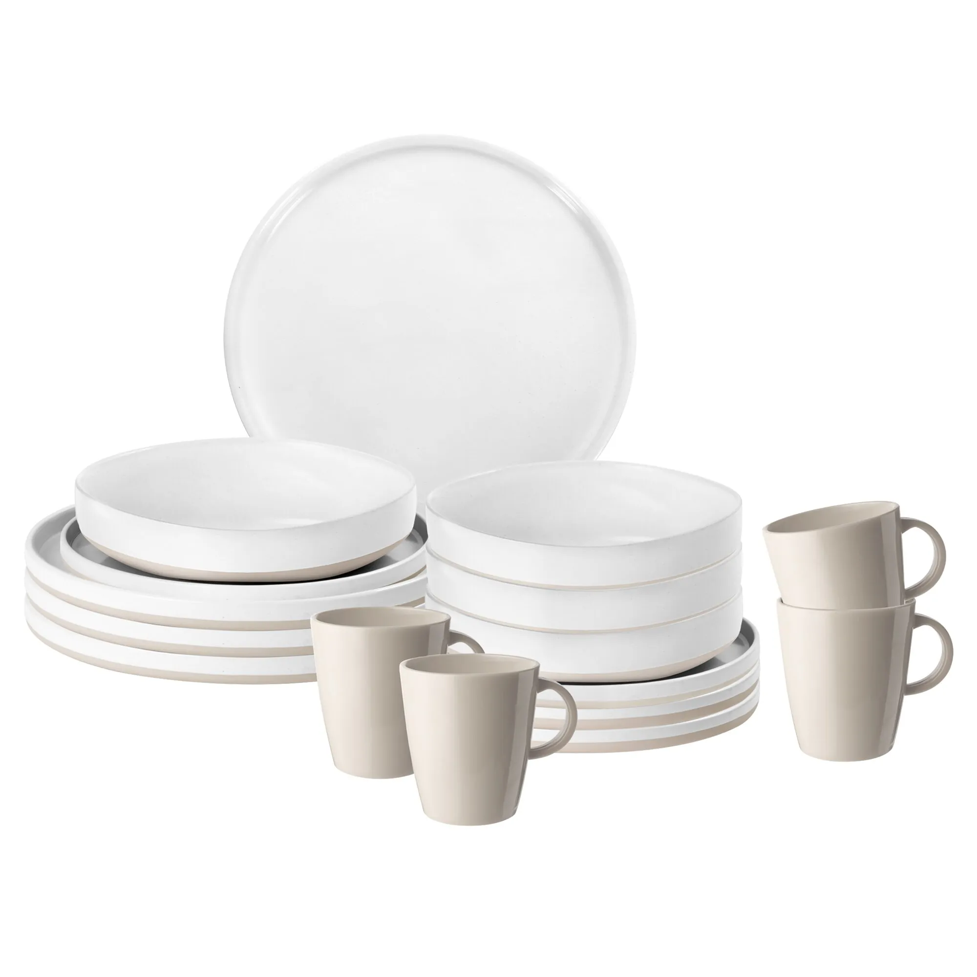 Geschirrset Lunch Box Odette in Weiß und Beige mit Tellern, Schalen und sechs Tassen vor weißem Hintergrund