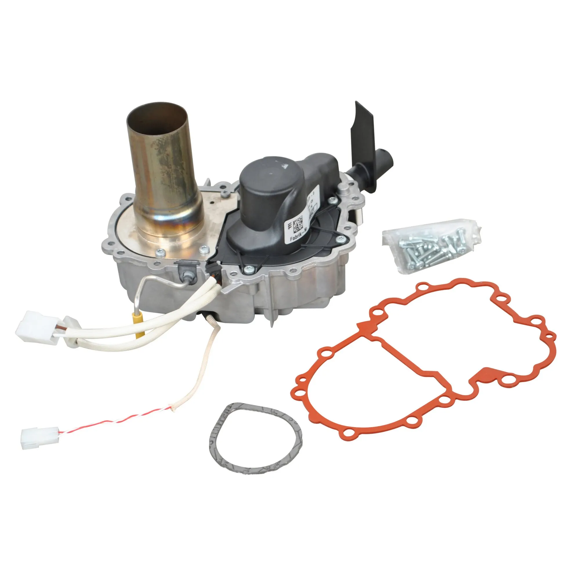 Brennerset mit metallischem Brennergehäuse, schwarzen Bauteilen, Kabeln, orangefarbener Dichtung, Schrauben und grauem Dichtring