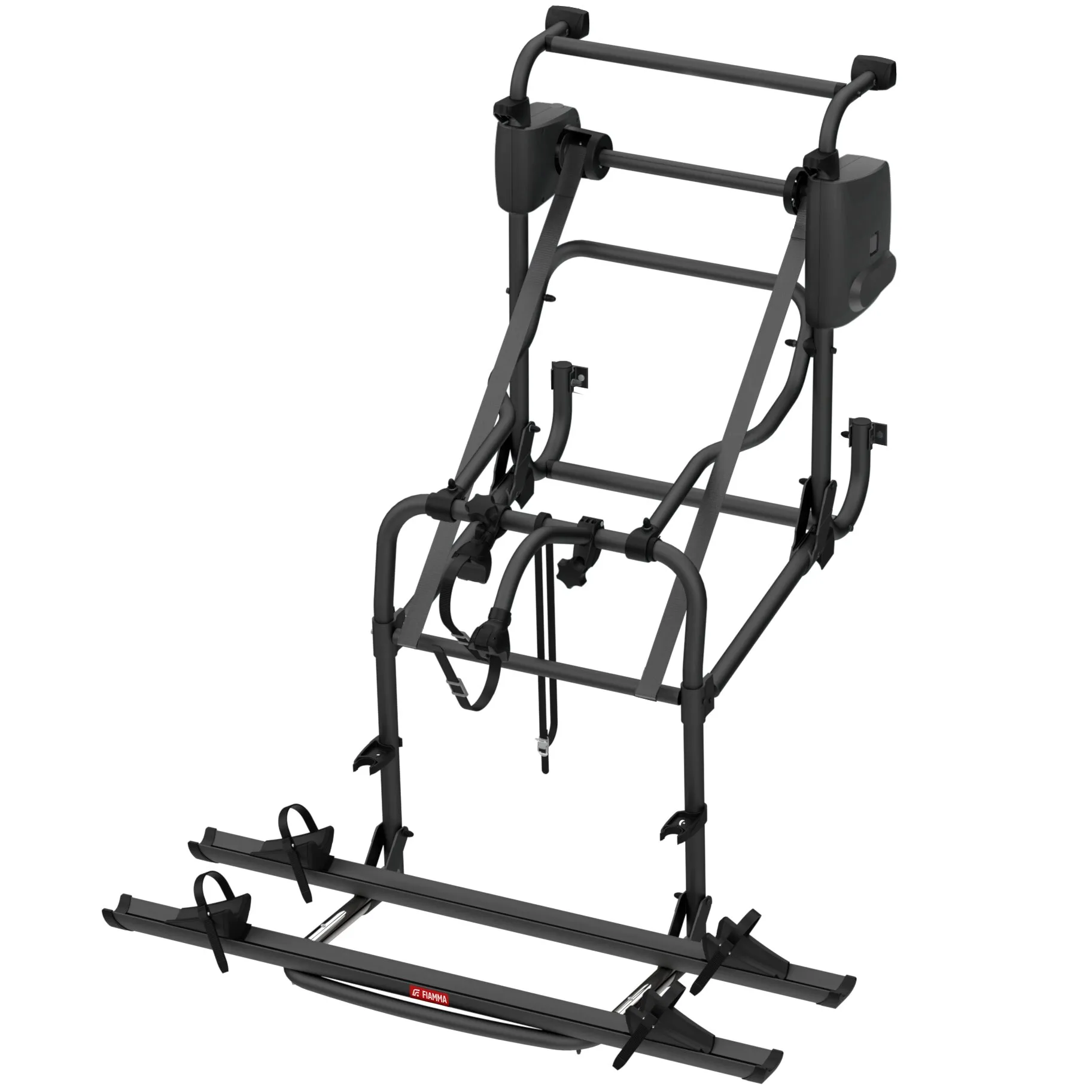 Schwarzer Fahrradträger Fiamma Carry-Bike Motor Lift 77 für zwei Fahrräder mit Halteschienen und Befestigungsgurten