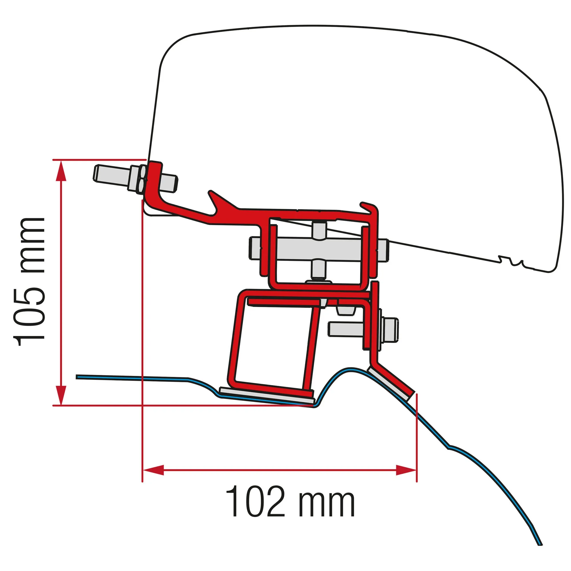 Technische Seitenansicht des roten Markisenadapter-Kits für Mercedes V-Klasse F40 am Fahrzeugprofil mit Maßen 105 mm und 102 mm
