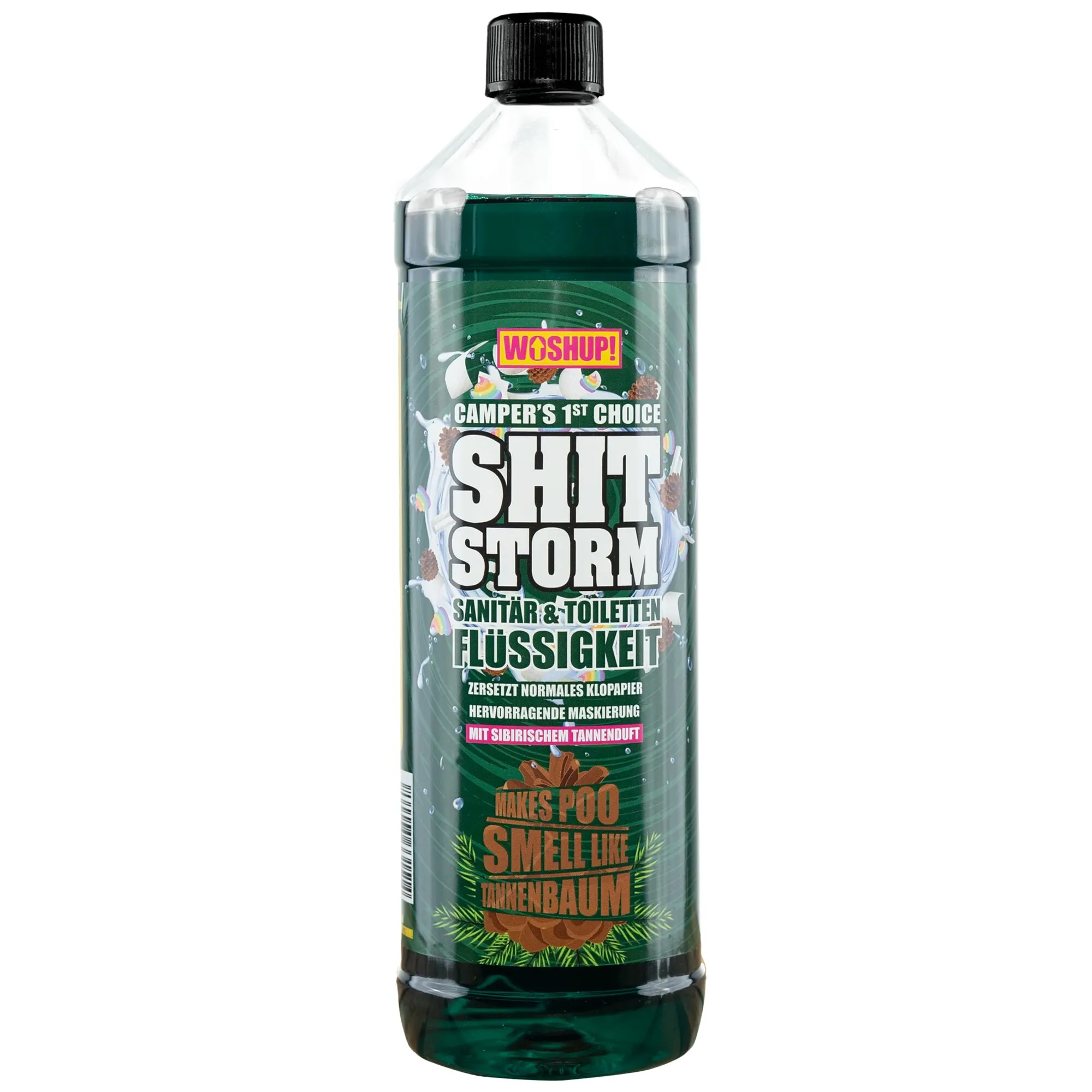 Grüne 1-Liter-Flasche Toilettenzusatz Shitstorm Tanne von Woshup mit schwarzem Verschluss und Etikett für Sanitär und Toiletten
