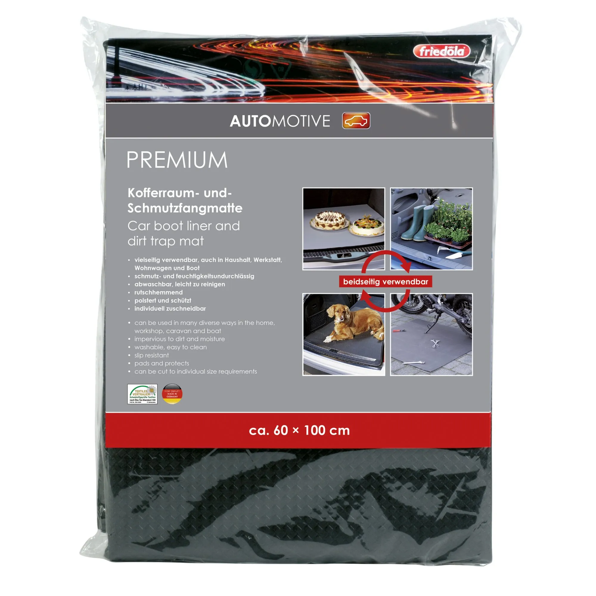 Schwarze Kofferraum- und Schmutzfangmatte von friedola in transparenter Verpackung, ca. 60 × 100 cm, beidseitig verwendbar