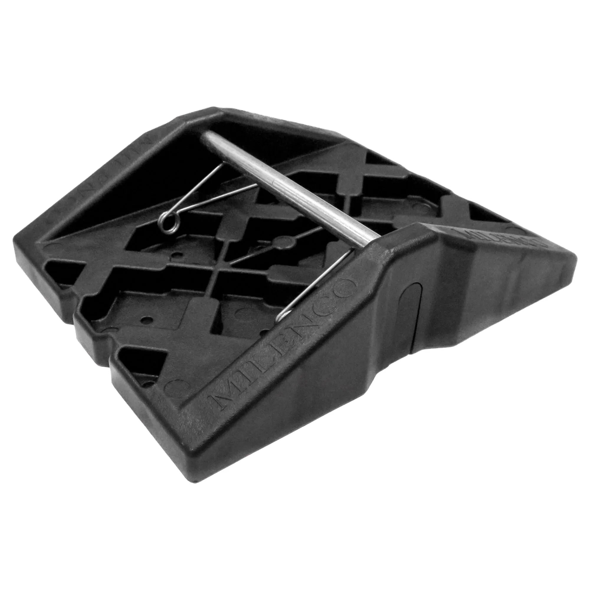 Schwarzes Stützplattenset Corner Feet mit strukturierter Unterseite, Metallstange und Sicherungssplinten in Nahaufnahme