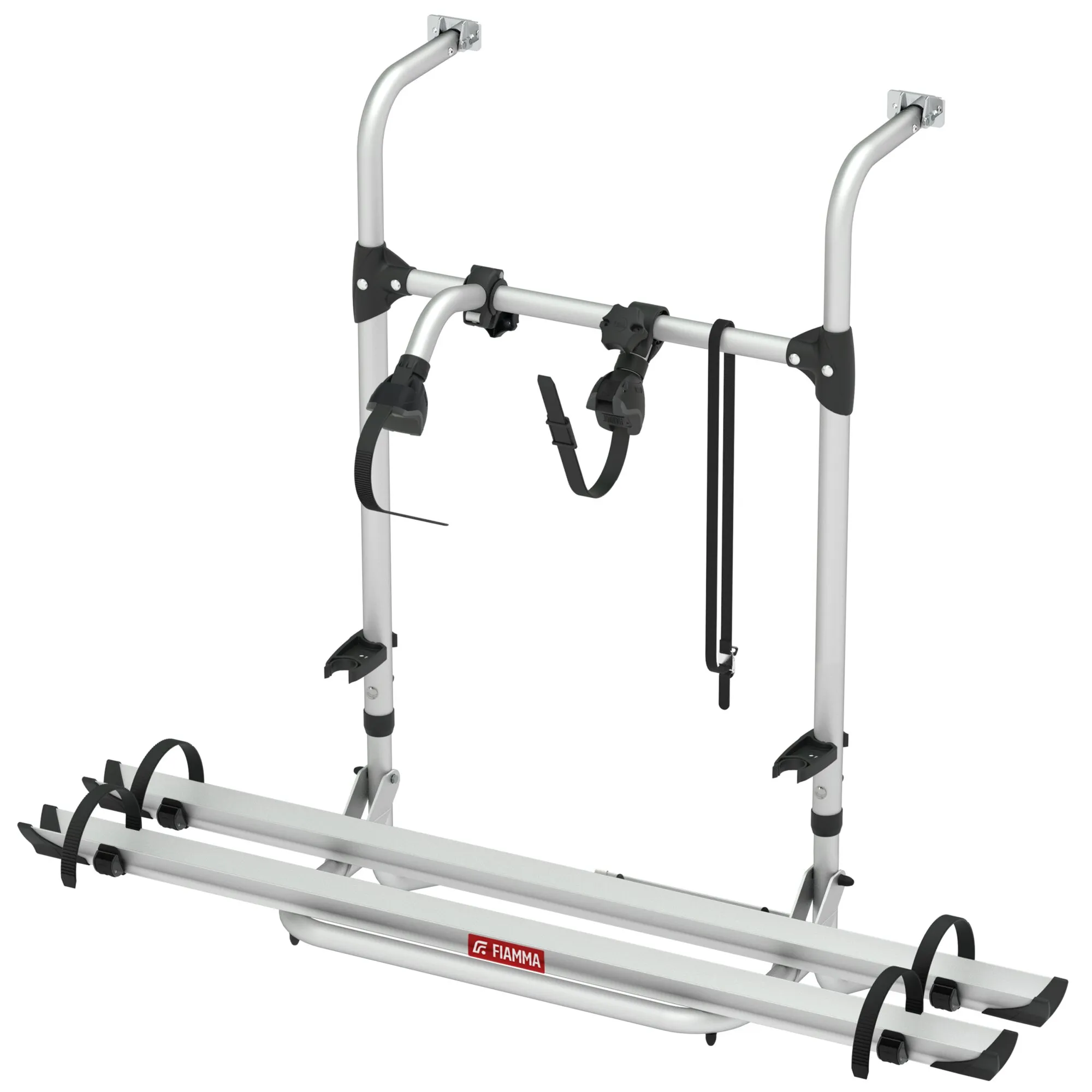 Fiamma Carry-Bike Simple Plus 200, silberner Fahrradträger für zwei Fahrräder mit Haltebügeln, Schienen und Befestigungsriemen