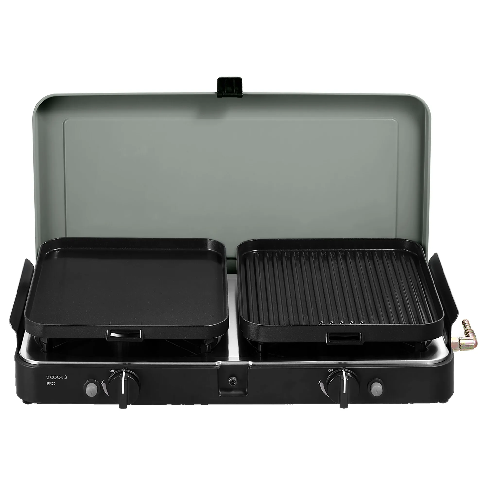Schwarzer Gaskocher 2 Cook 3 Pro Deluxe mit zwei Kochstellen, Grillplatte, glatter Platte und hochgeklapptem Windschutz