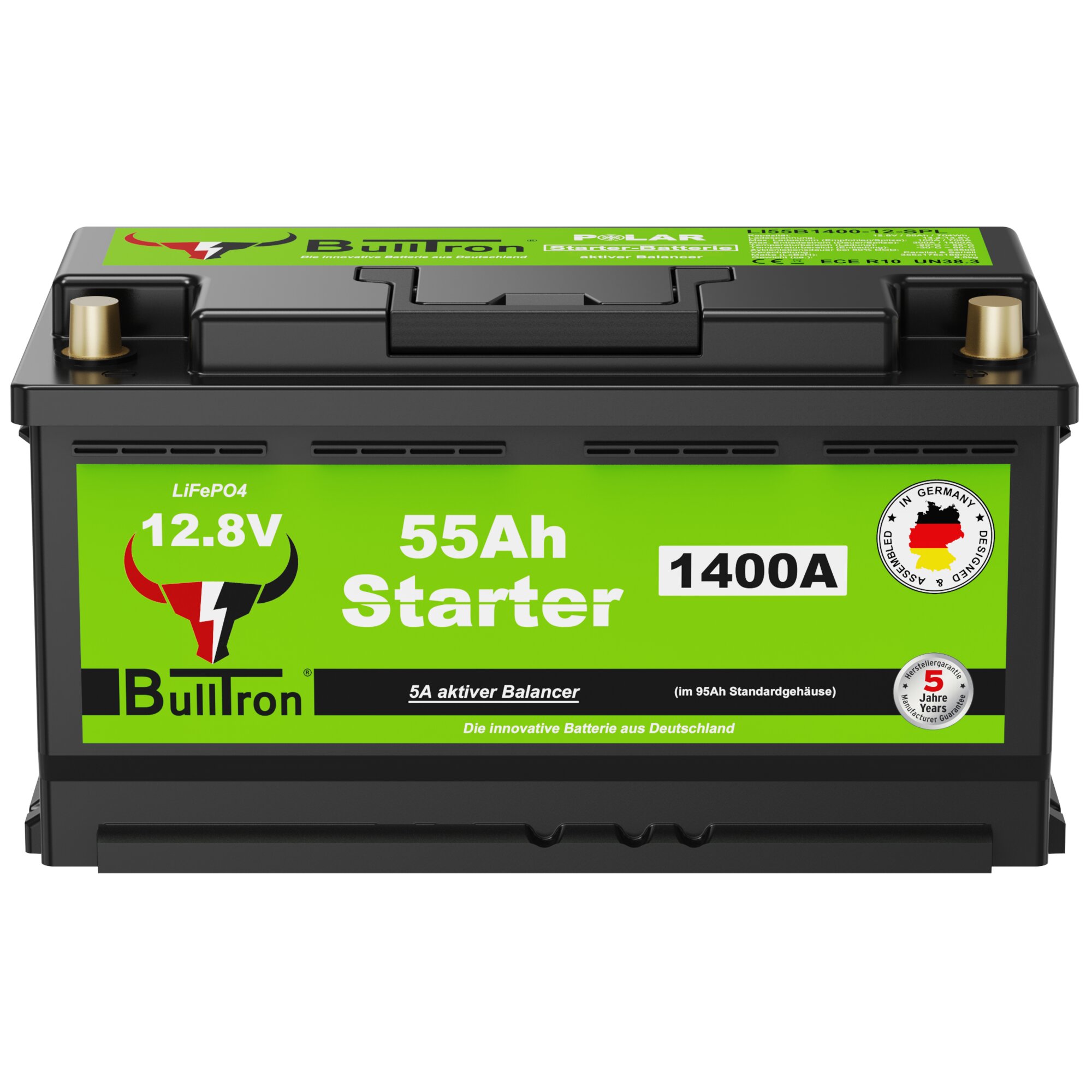 Lithium-Starterbatterie mit grünem Etikett auf schwarzem Gehäuse zeigt 12.8V und 55Ah BullTron-Logo goldene Anschlussstifte seitlich