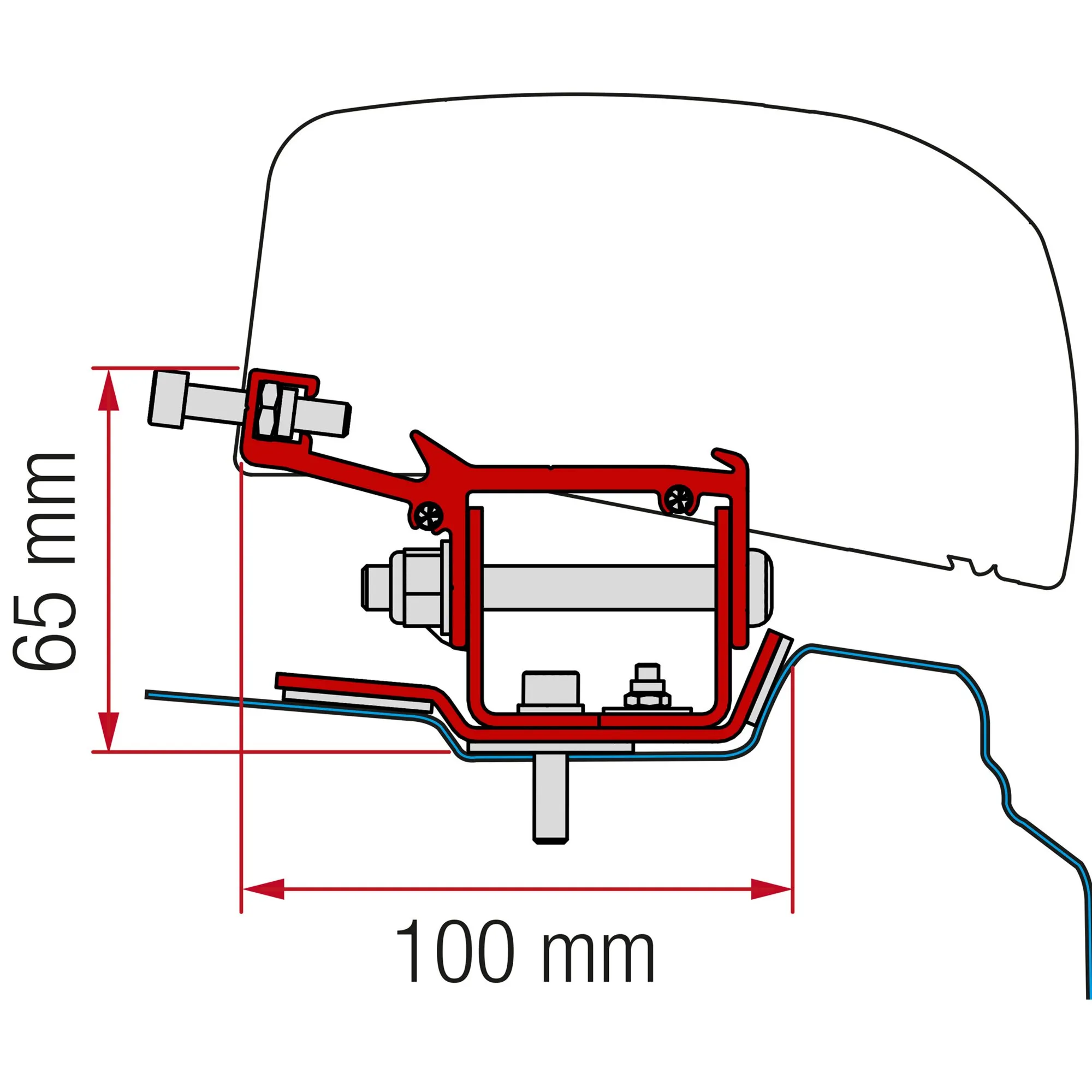 Technische Schnittzeichnung des roten Markisenadapters für Renault Trafic L1 H1 ab 2014 mit Befestigung und Maßen 65 und 100 mm