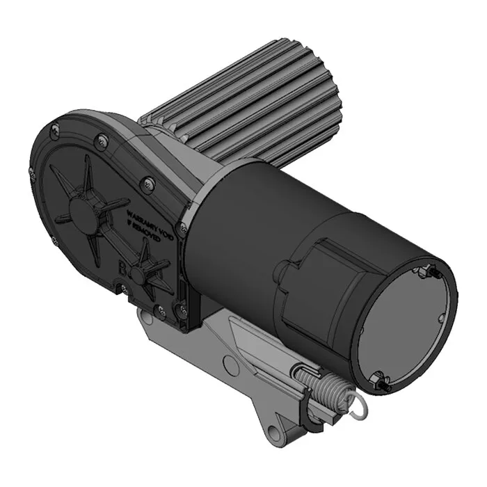 Motor/Getriebe B in schwarzer Ausführung mit geripptem Motorgehäuse, zylindrischem Getriebeteil, Montagehalterung und Federmechanismus
