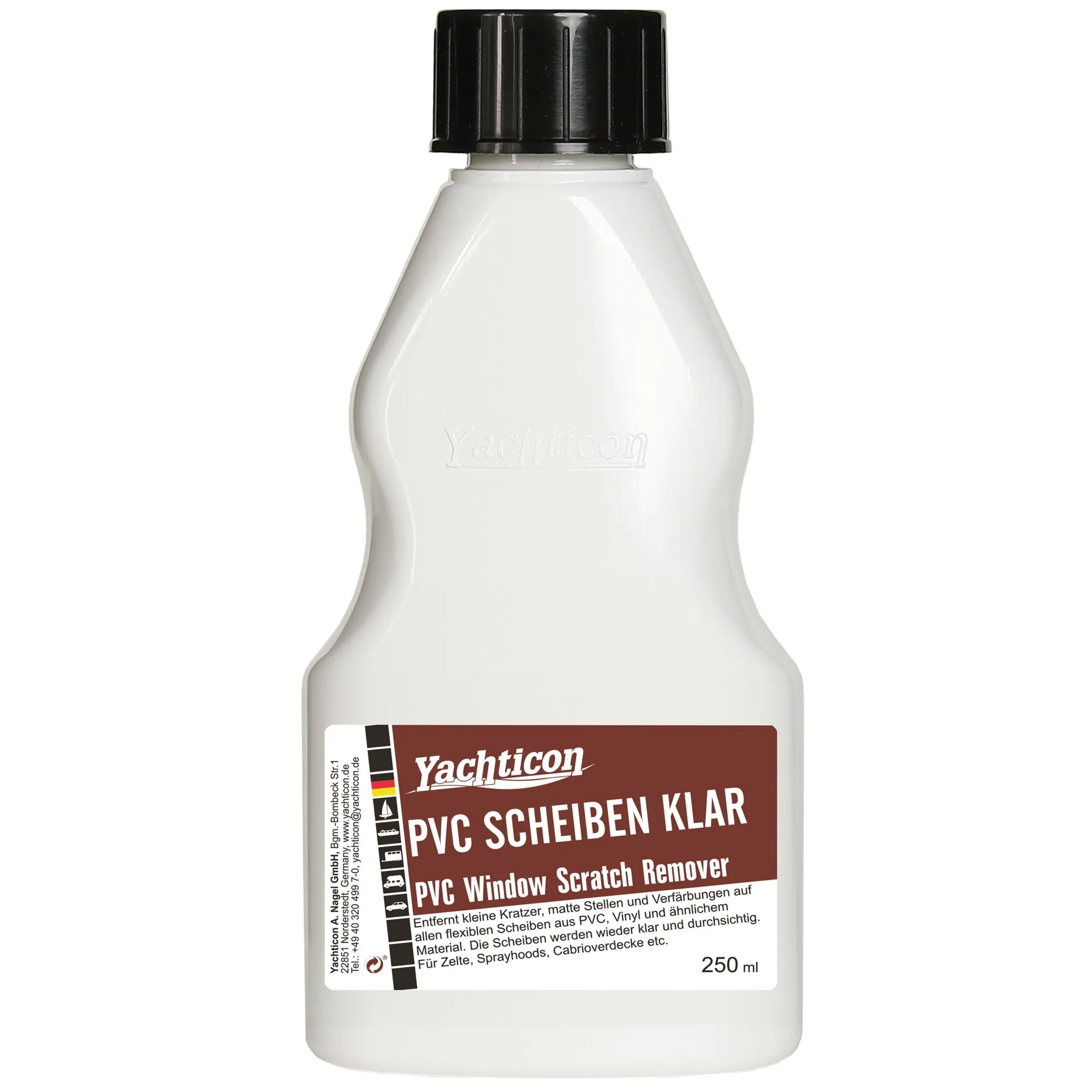 Weißer Kunststoffbehälter mit schwarzer Schraubkappe, Etikett zeigt Yachticon PVC Scheiben Klar und 250 ml