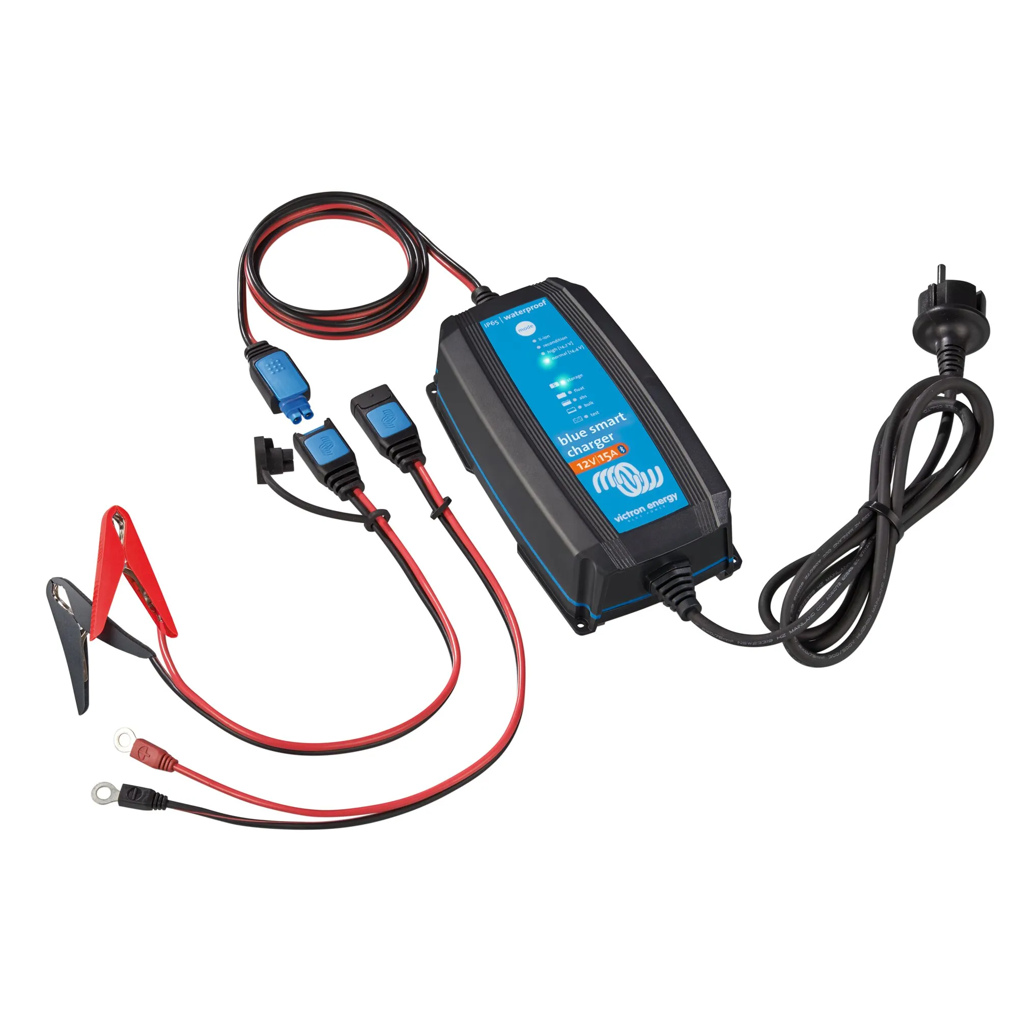Blue Smart IP65 Batterieladegerät von Victron Energy, 15 A, mit Netzkabel, Anschlusskabeln, Ringösen und Krokodilklemmen