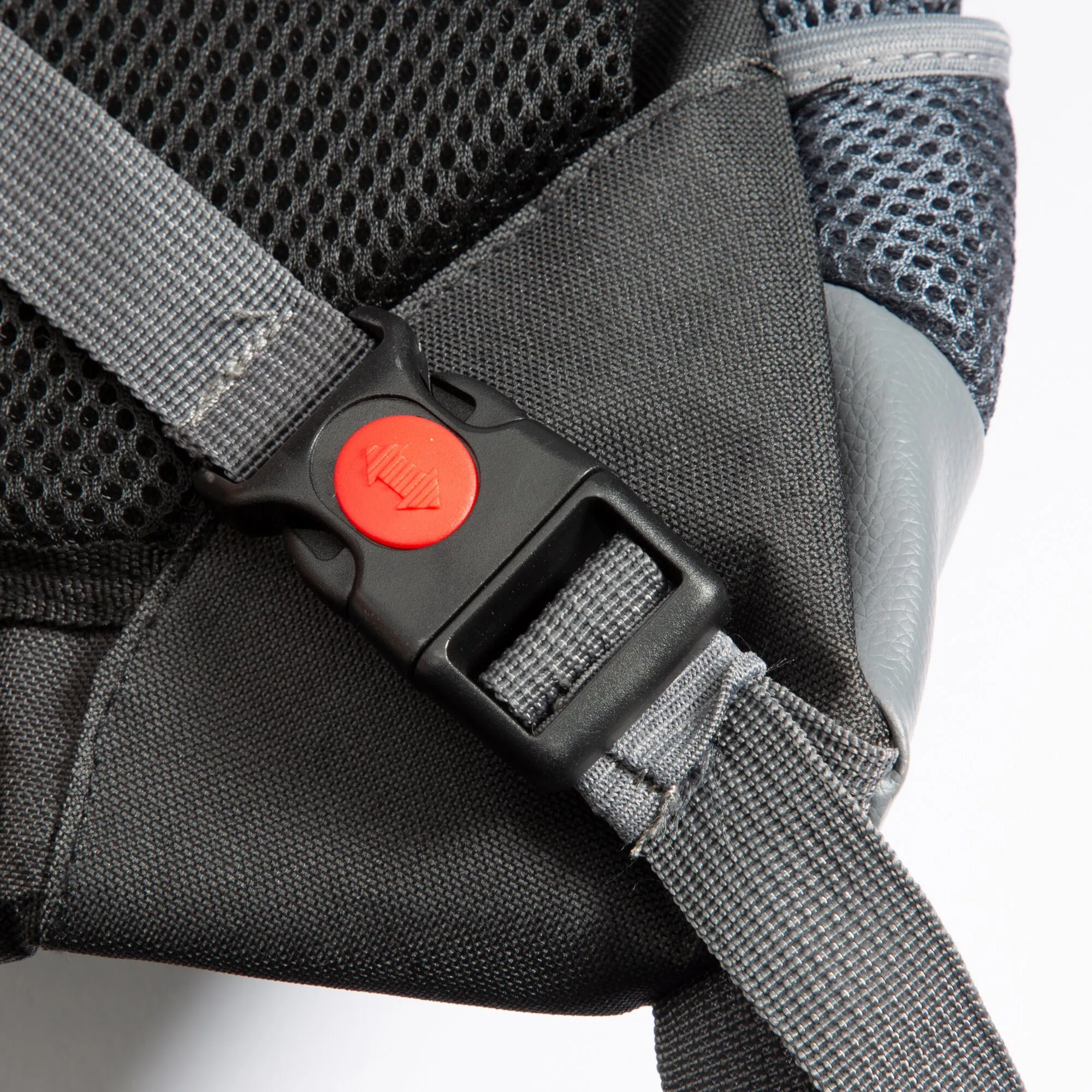 Detailaufnahme eines schwarzen Hunderucksacks mit atmungsaktivem Netzstoff, grauen Gurten und schwarzem Steckverschluss mit rotem Knopf