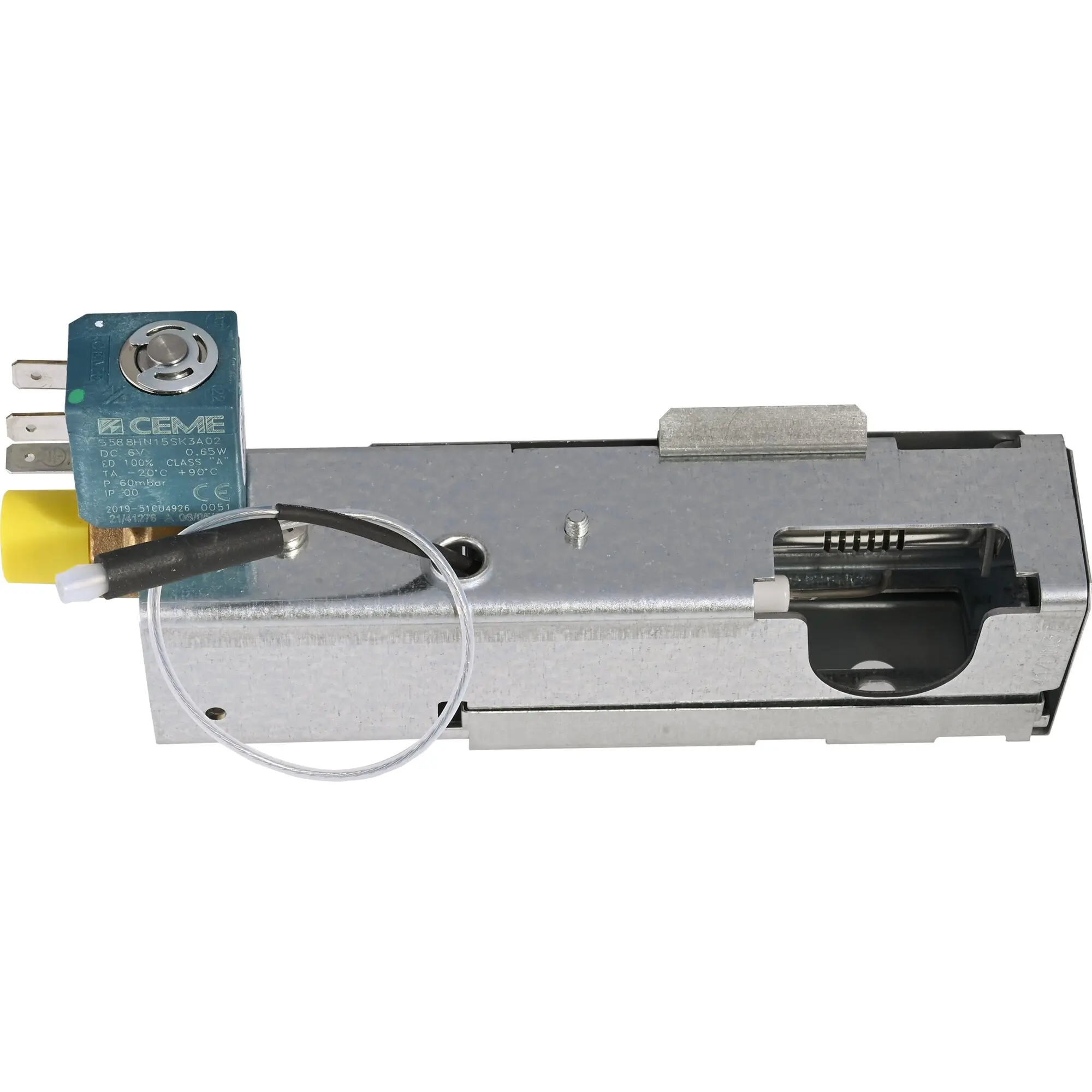 Blaues Gasbrenner-Modul mit runder Einstellscheibe und CEME-Logo, an Metallgehäuse montiert, Kabel und Schlauch sichtbar