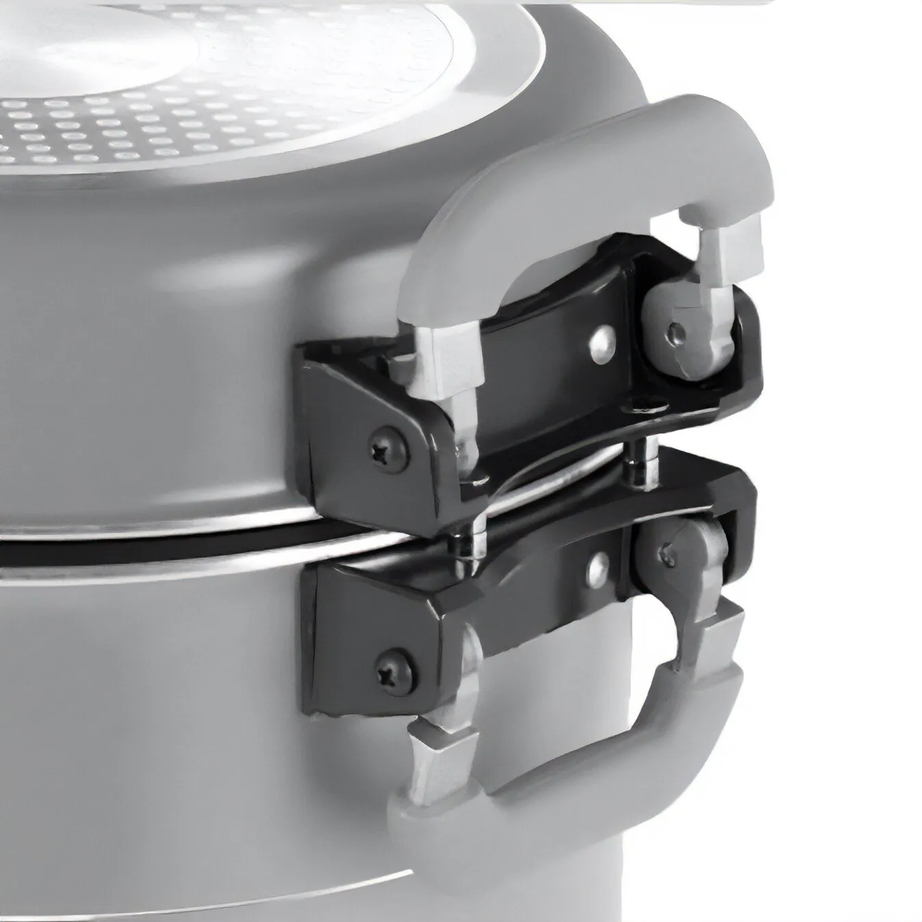 Detailaufnahme des grauen Topfsets Fusion 7 + 1 mit schwarzer Halterung und verschraubtem Klappgriff am Topfrand