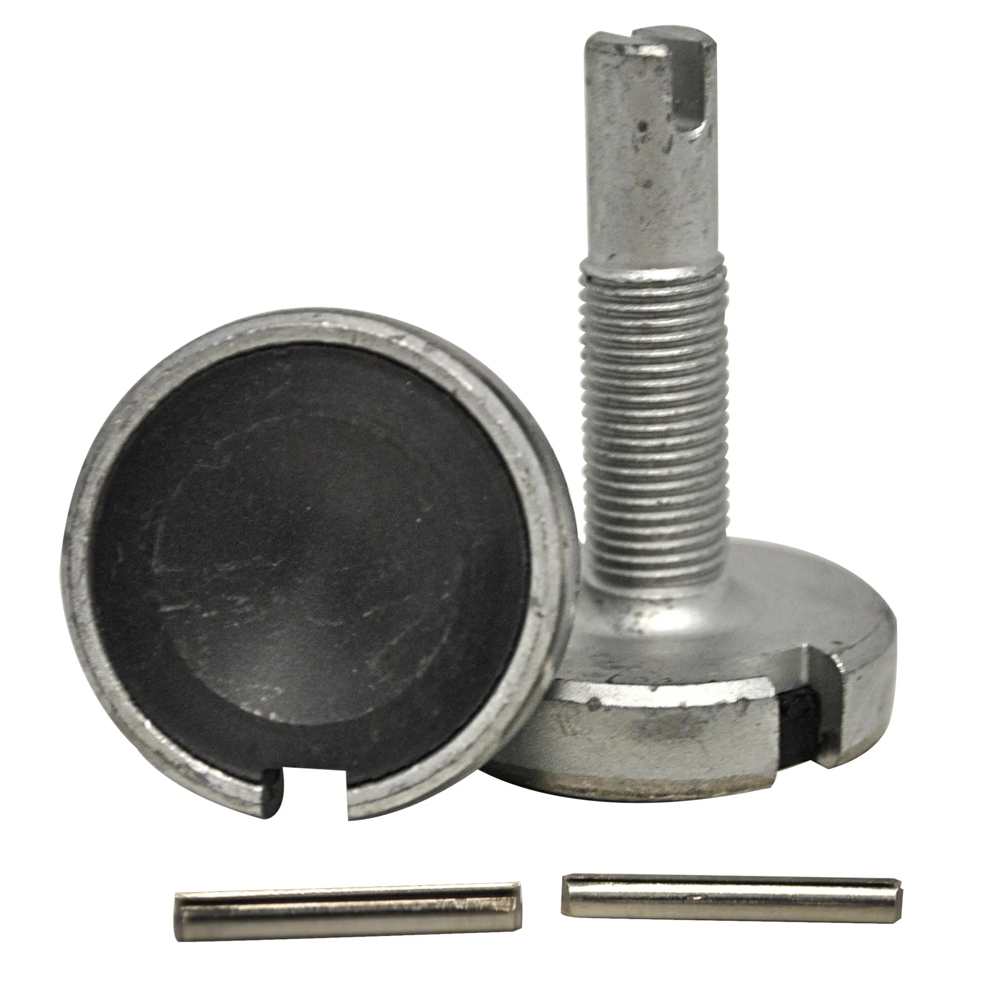 Reibbelag-Set aus zwei silbernen Metallhalterungen mit schwarzen runden Belägen und zwei länglichen Ersatzbelägen für AKS 2000 bis 1996 links und rechts