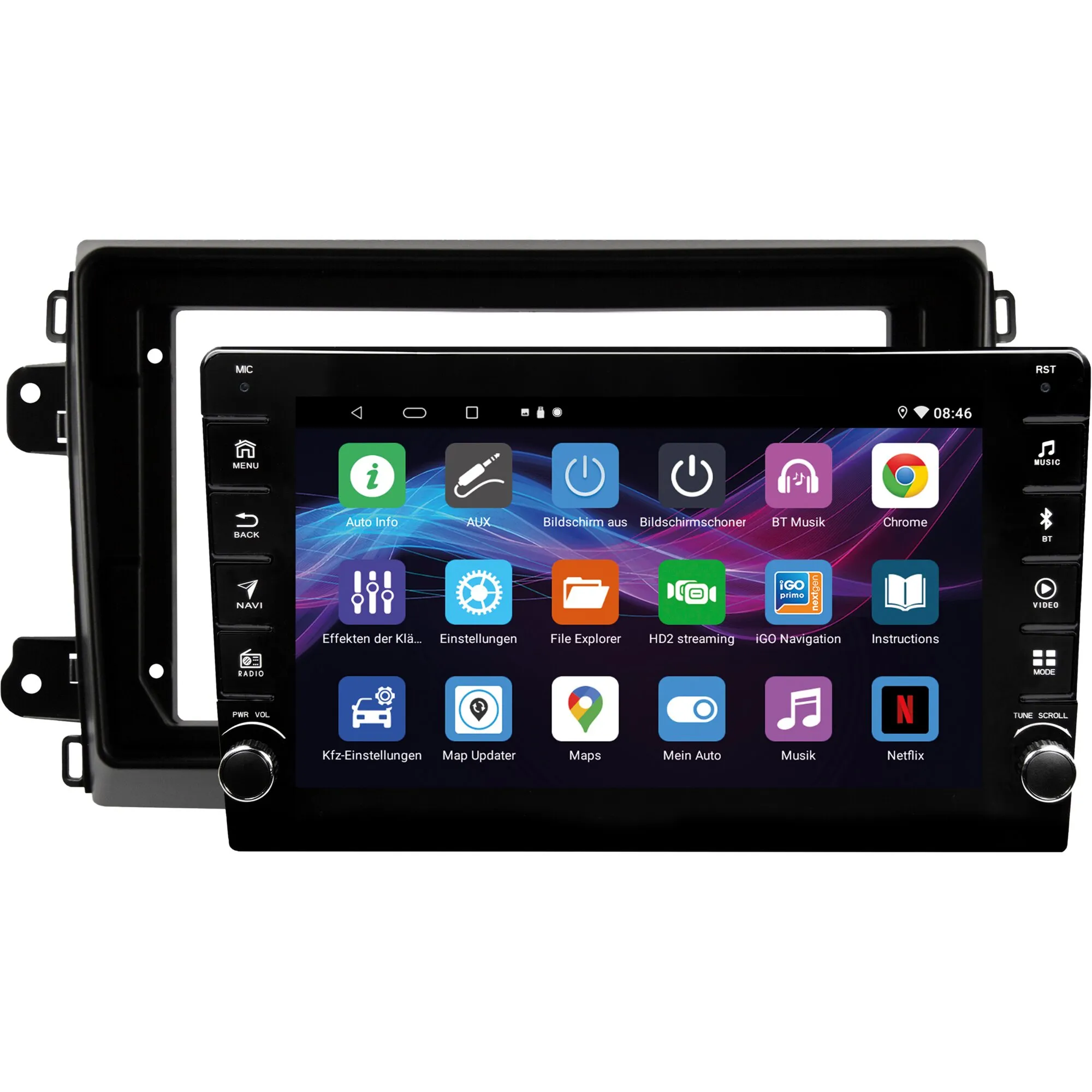ESX Vision VNC830 F8 Navigationssystem mit schwarzer Blende, Touchscreen, Radio, Bluetooth und App-Menü