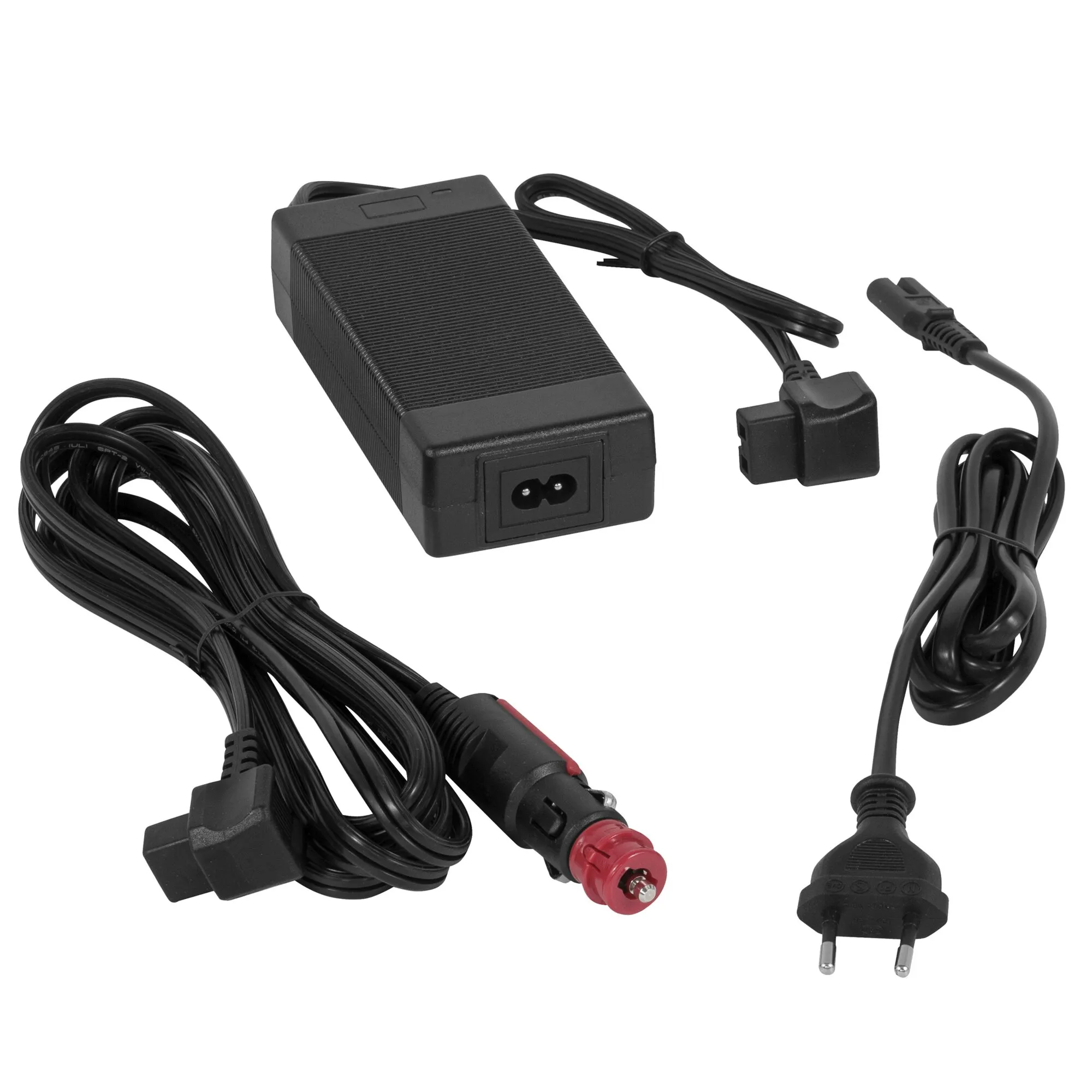 Schwarzes Netzteil mit Kühlrippen, 12-Volt-Kfz-Stecker und Kabel für eine 230-Volt-Steckdose zur Kühlbox Polarys Freeze DZ