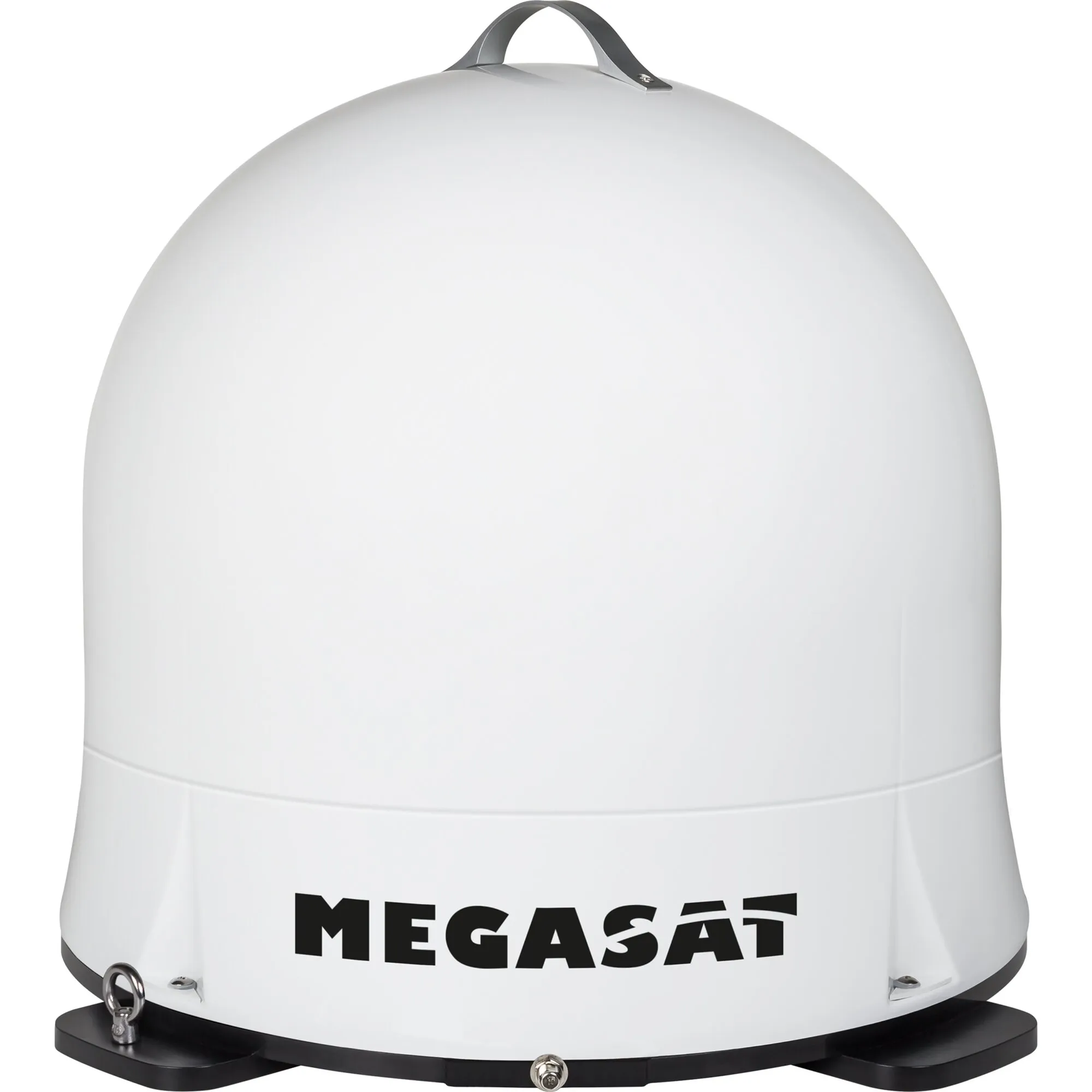 Weiße Campingman Portable Eco Sat-Anlage von Megasat mit rundem Gehäuse, Tragegriff und schwarzer Standplatte